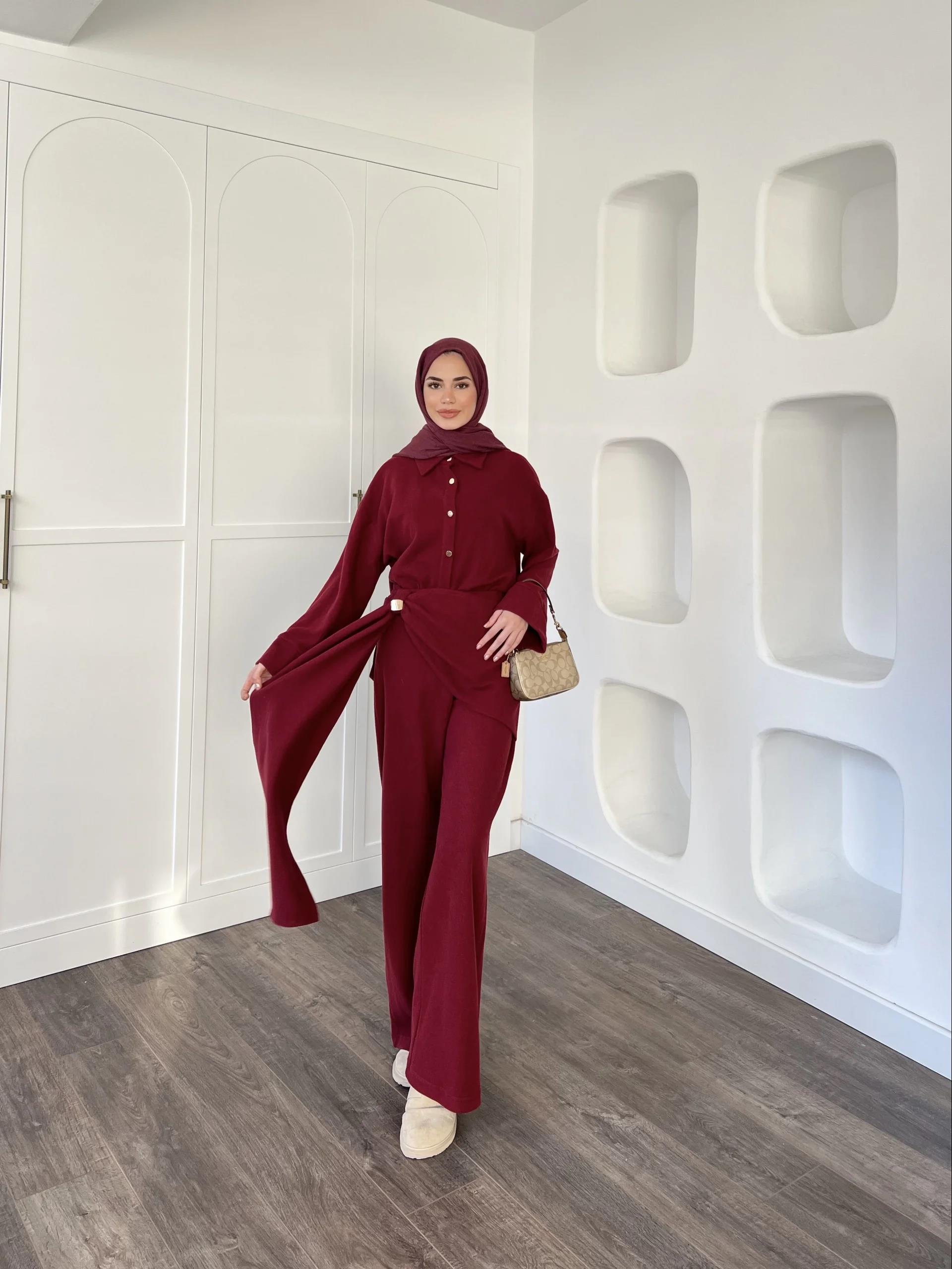 Leva Örme Triko Yan Bağcıklı Takım- Bordo