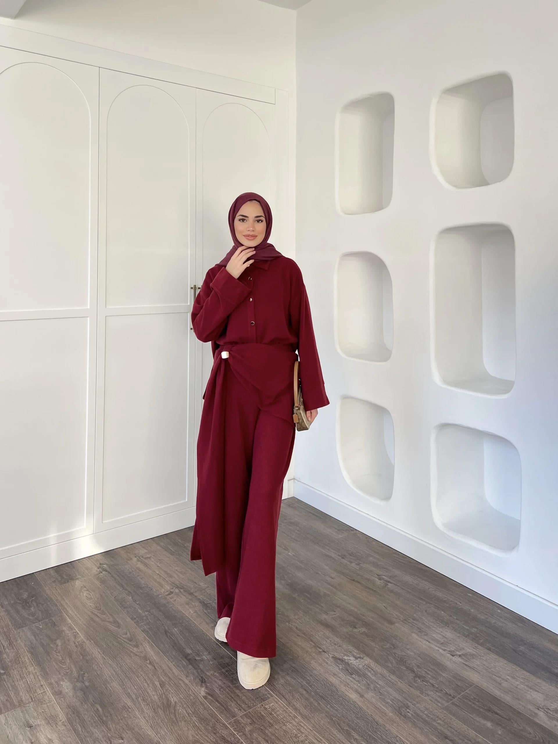 Leva Örme Triko Yan Bağcıklı Takım- Bordo