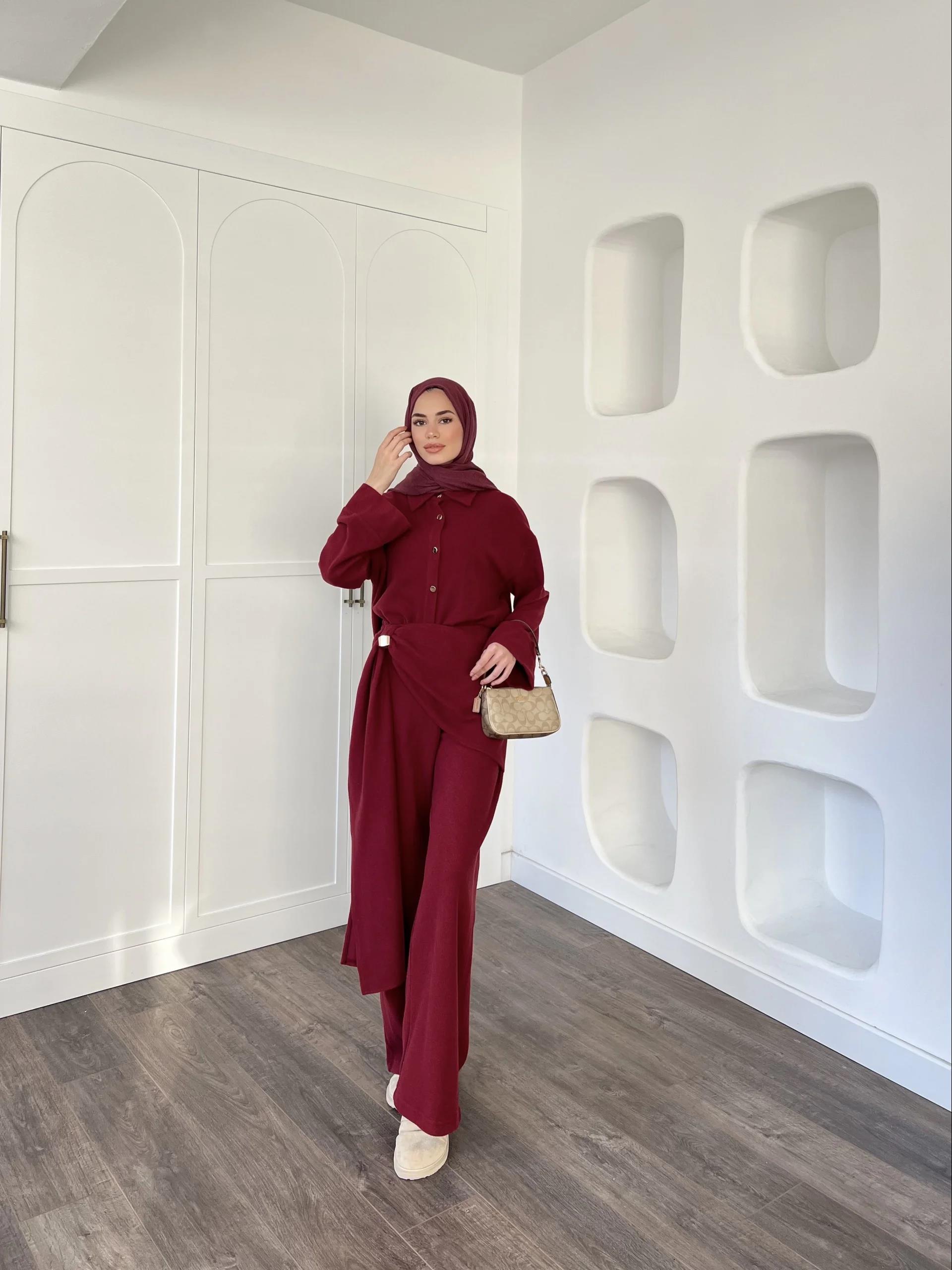 Leva Örme Triko Yan Bağcıklı Takım- Bordo