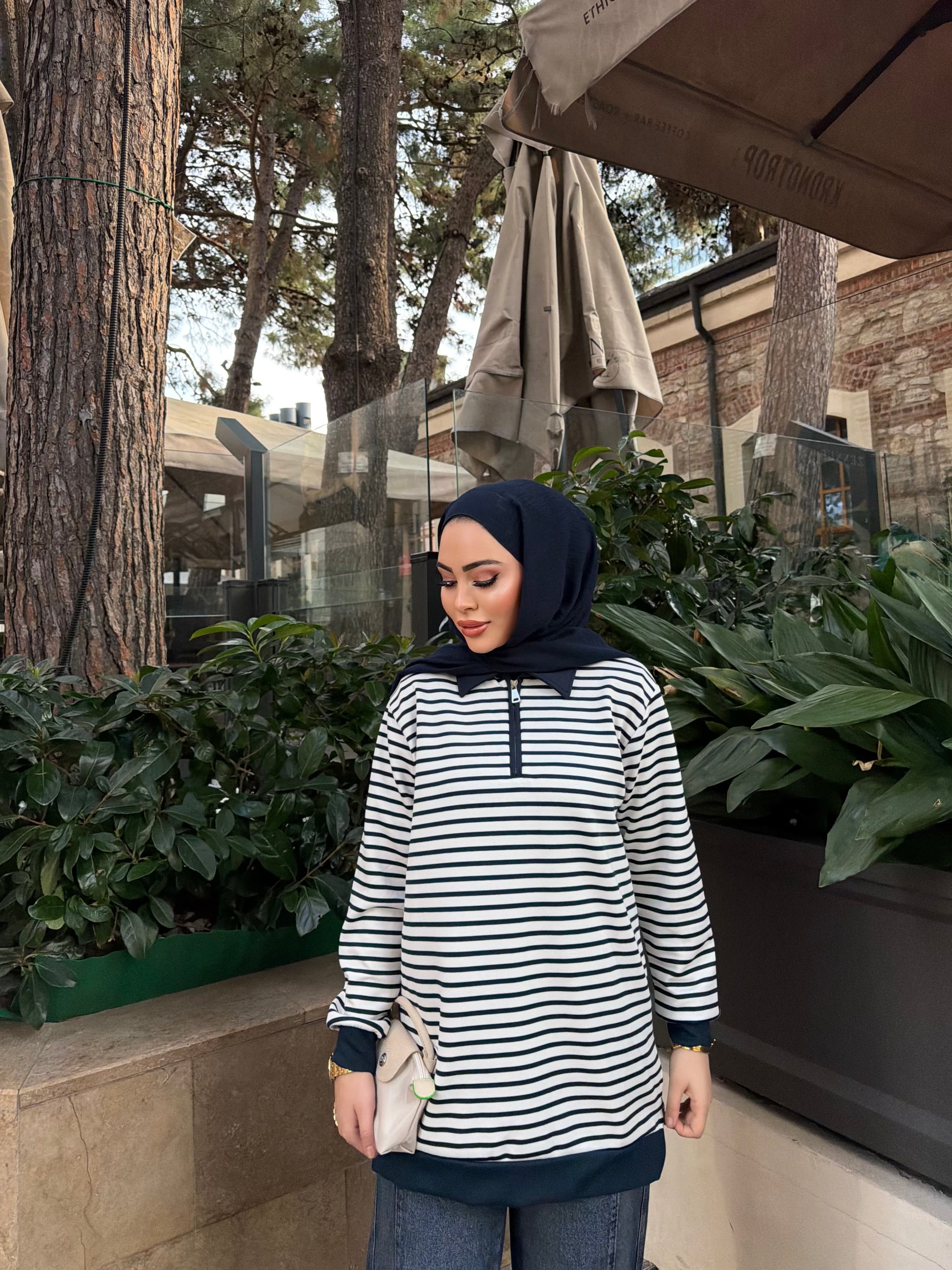 Lisa Çizgili Ön Fermuarlı Tunik - Lacivert