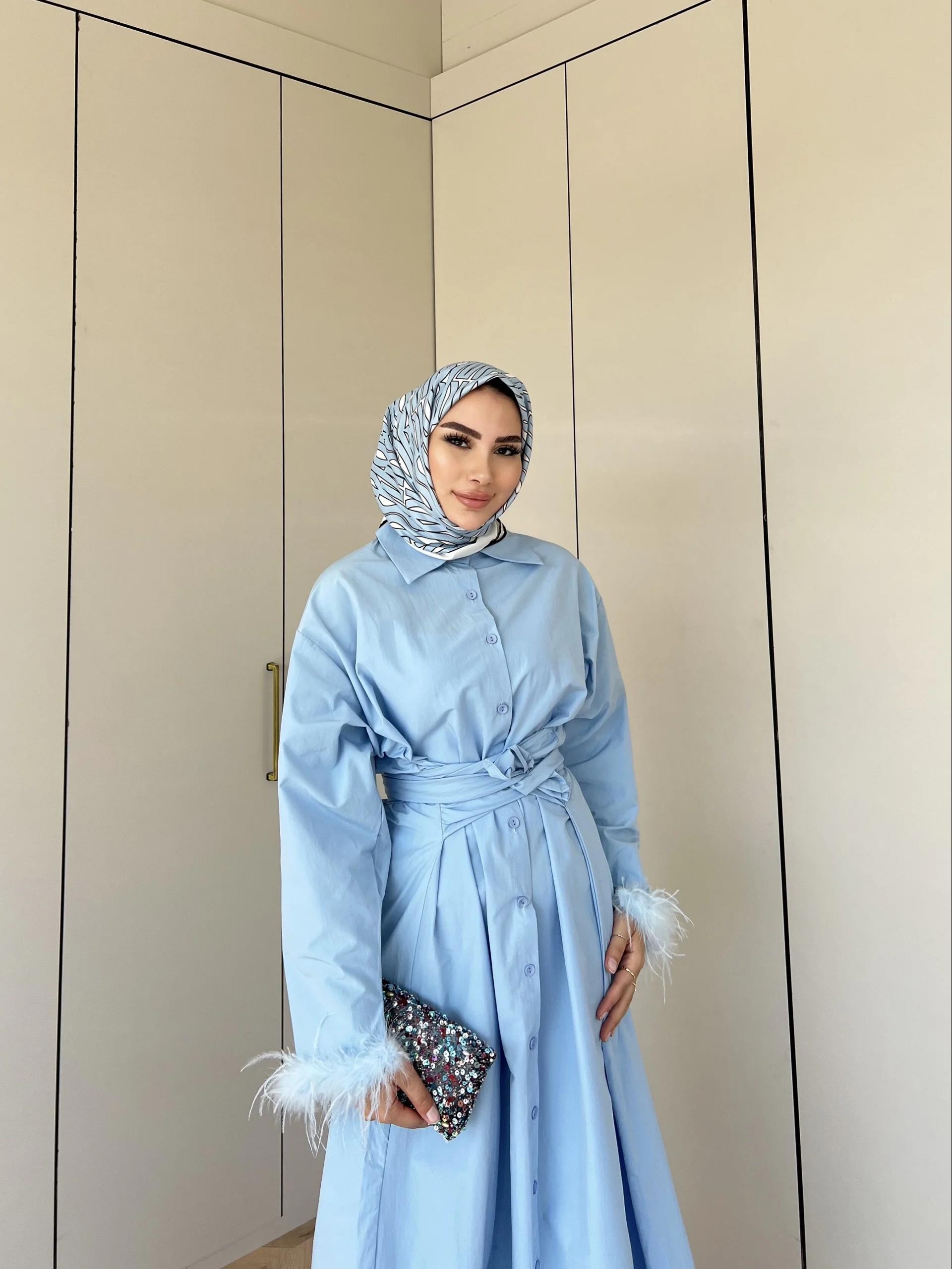 Lotus Kol Tüylü Elbise - Mavi