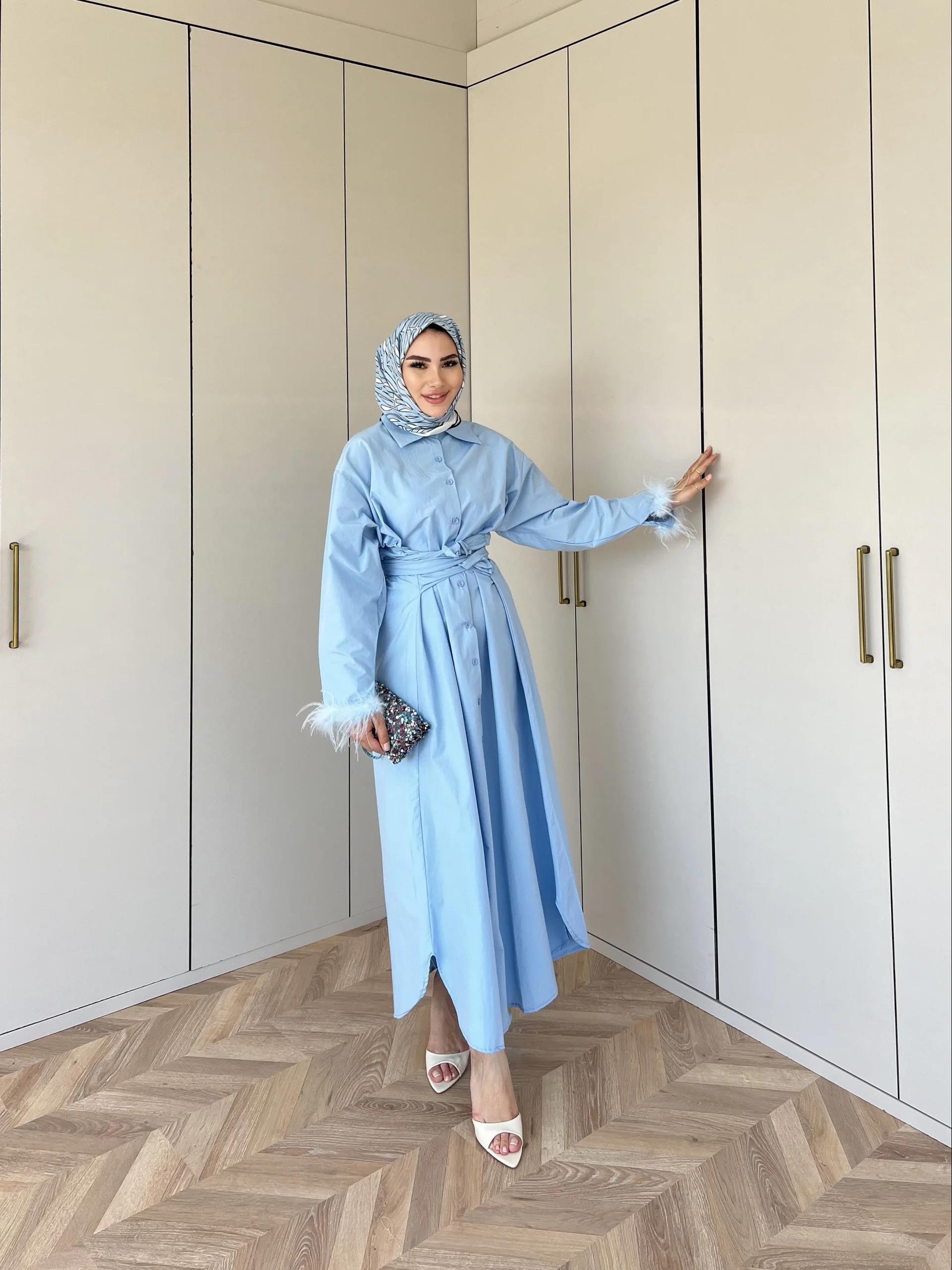 Lotus Kol Tüylü Elbise - Mavi