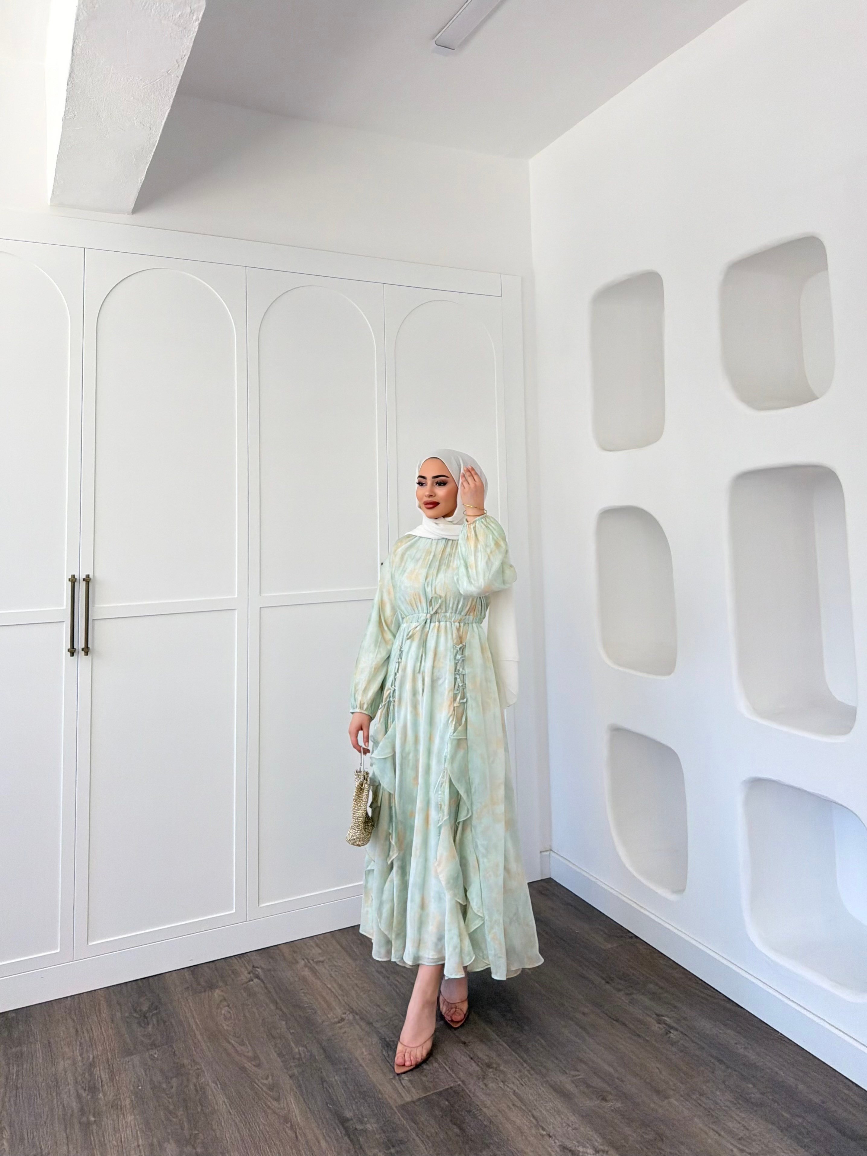 Meryem Desenli Elbise - Mint