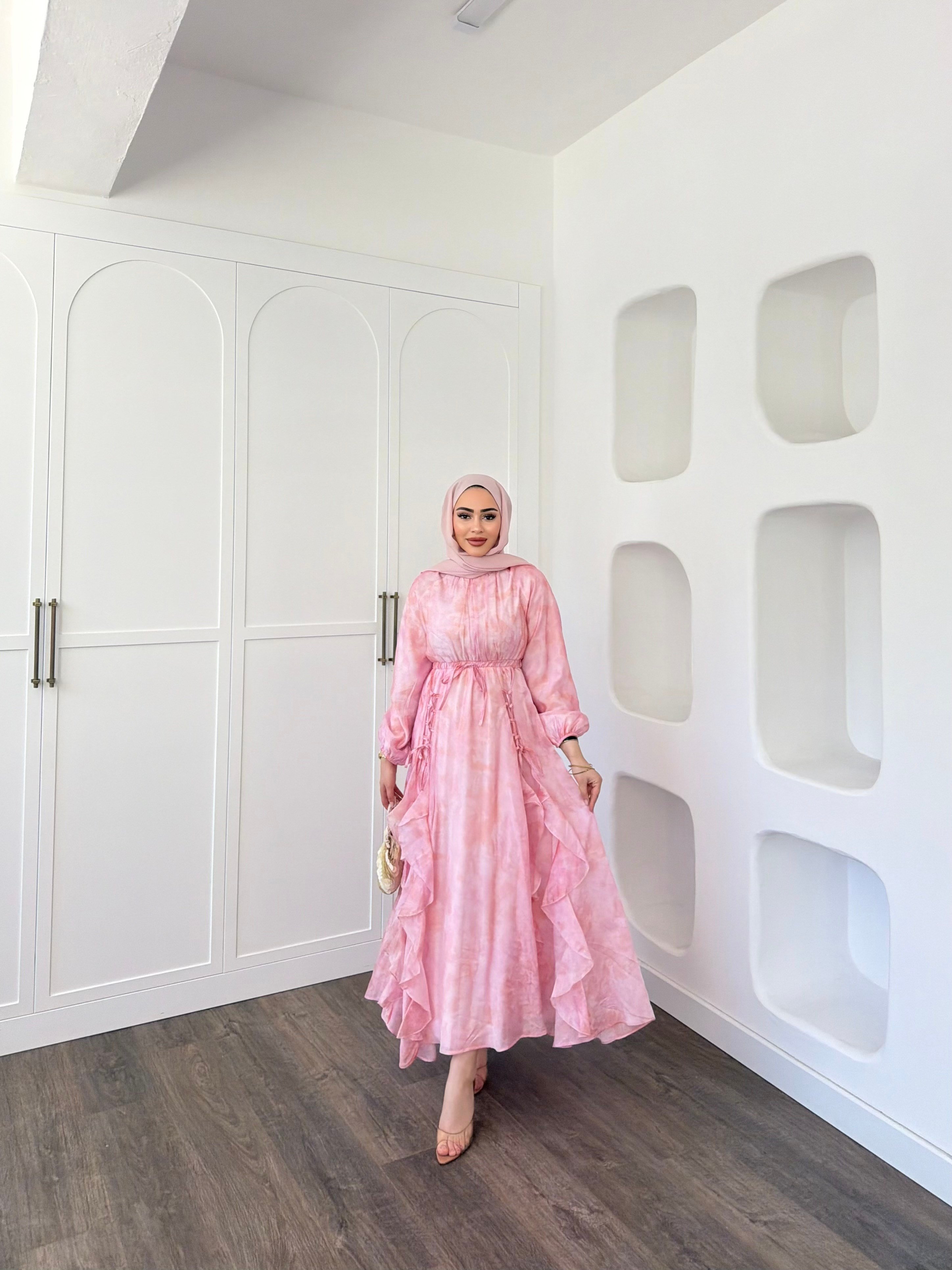 Meryem Desenli Elbise - Pembe