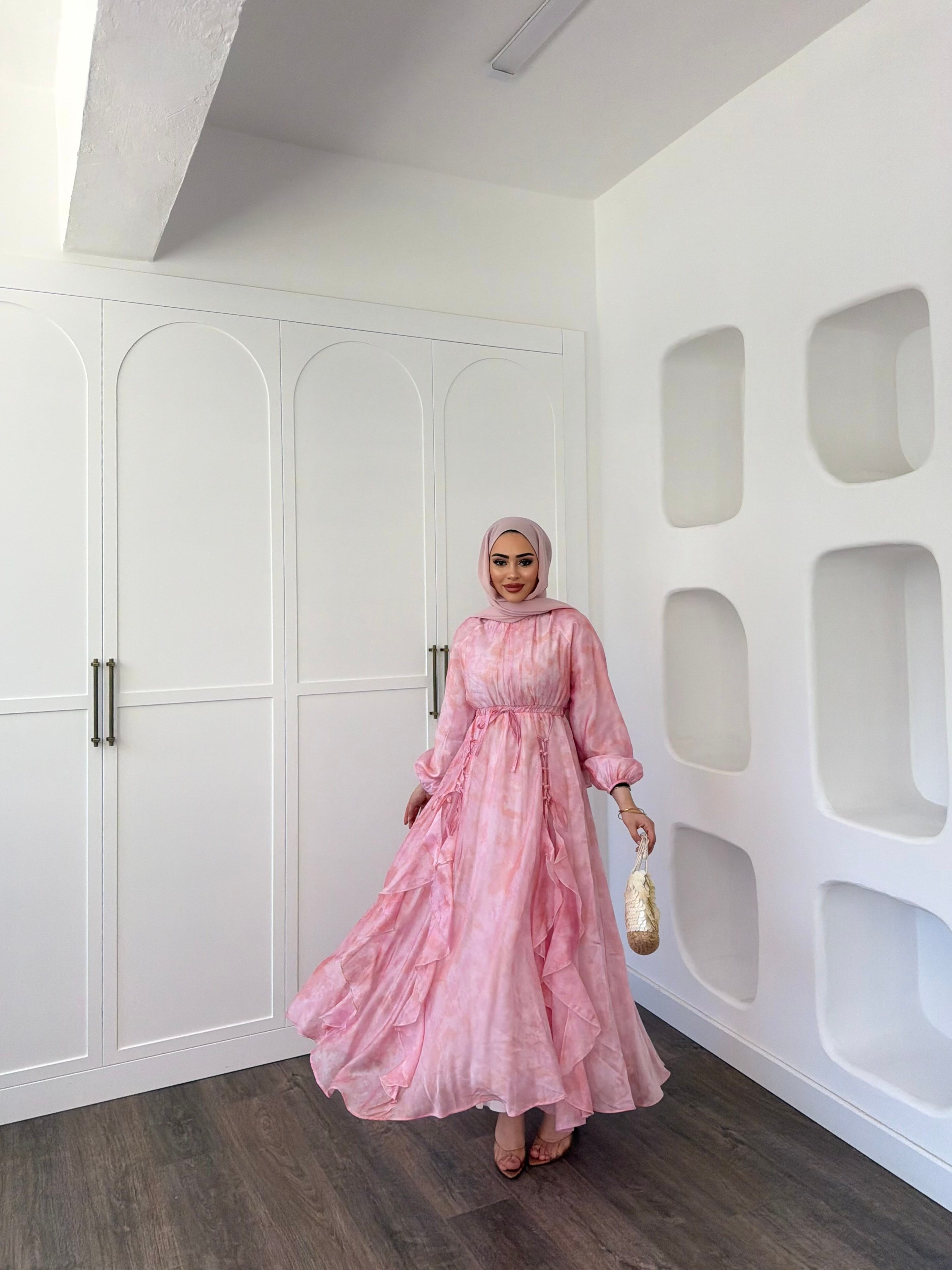 Meryem Desenli Elbise - Pembe