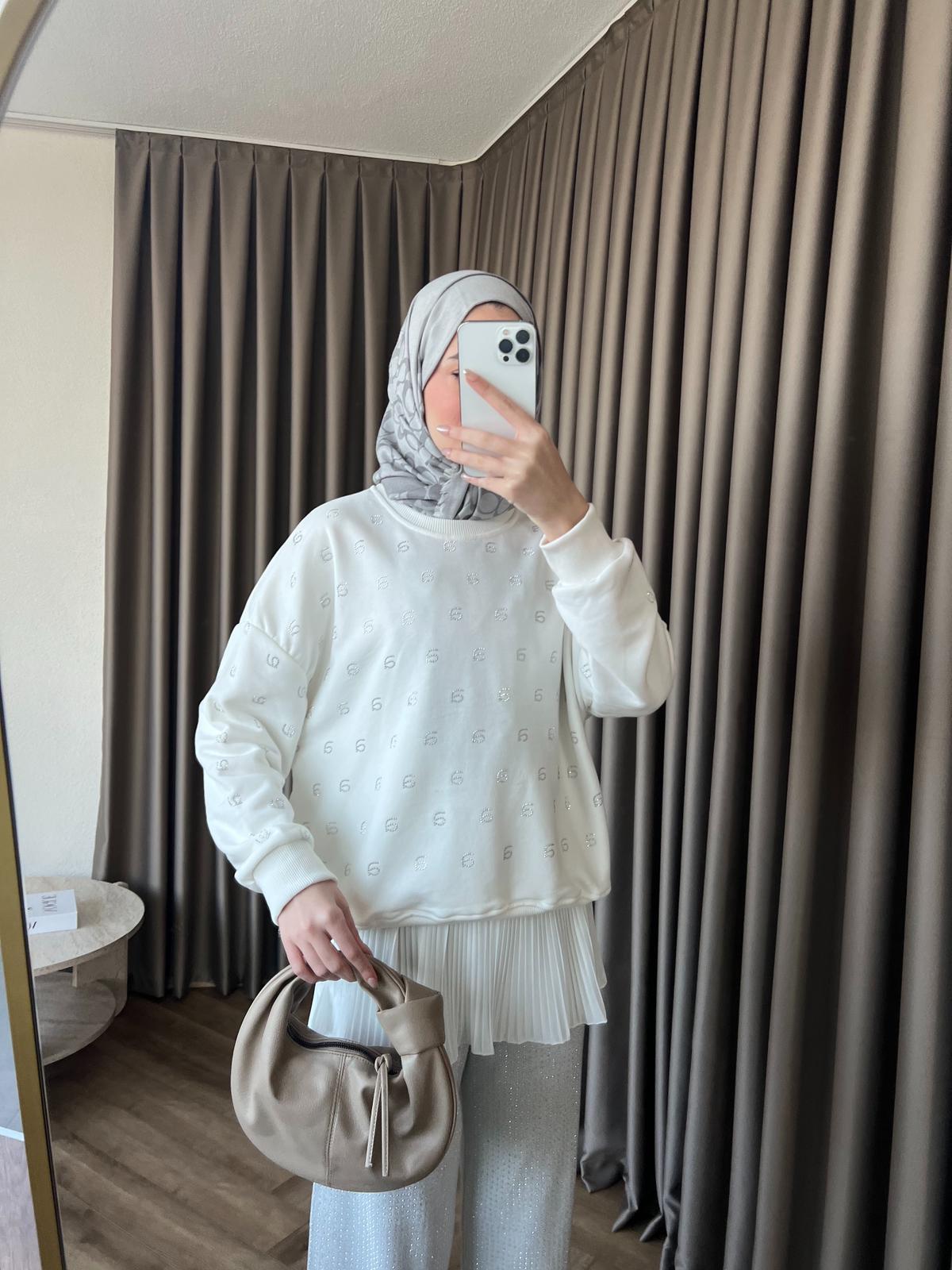 Muadil Harf Taşlı Sweat Beyaz