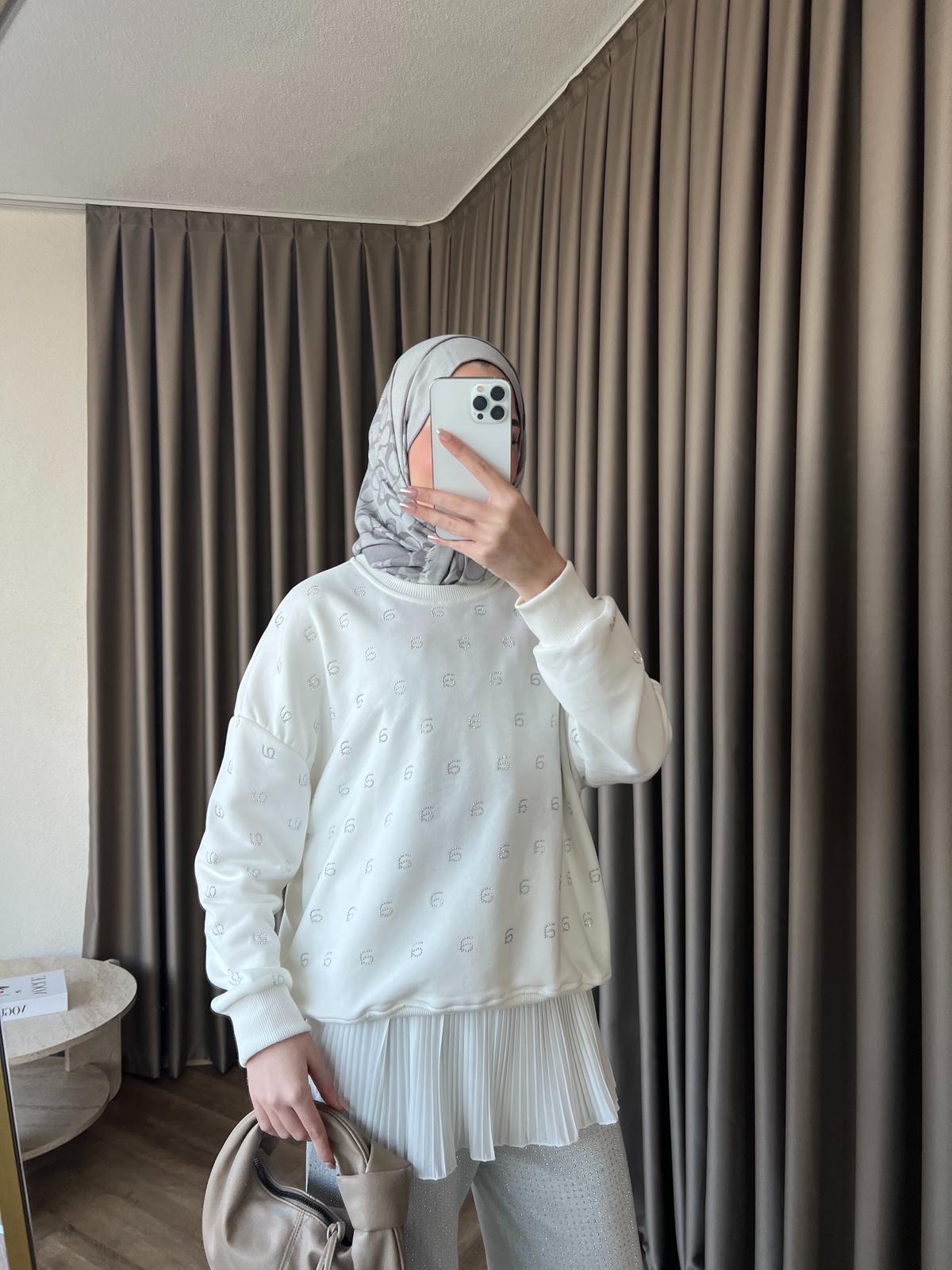 Muadil Harf Taşlı Sweat Beyaz