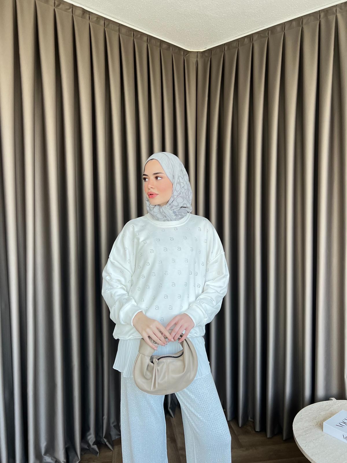 Muadil Harf Taşlı Sweat Beyaz