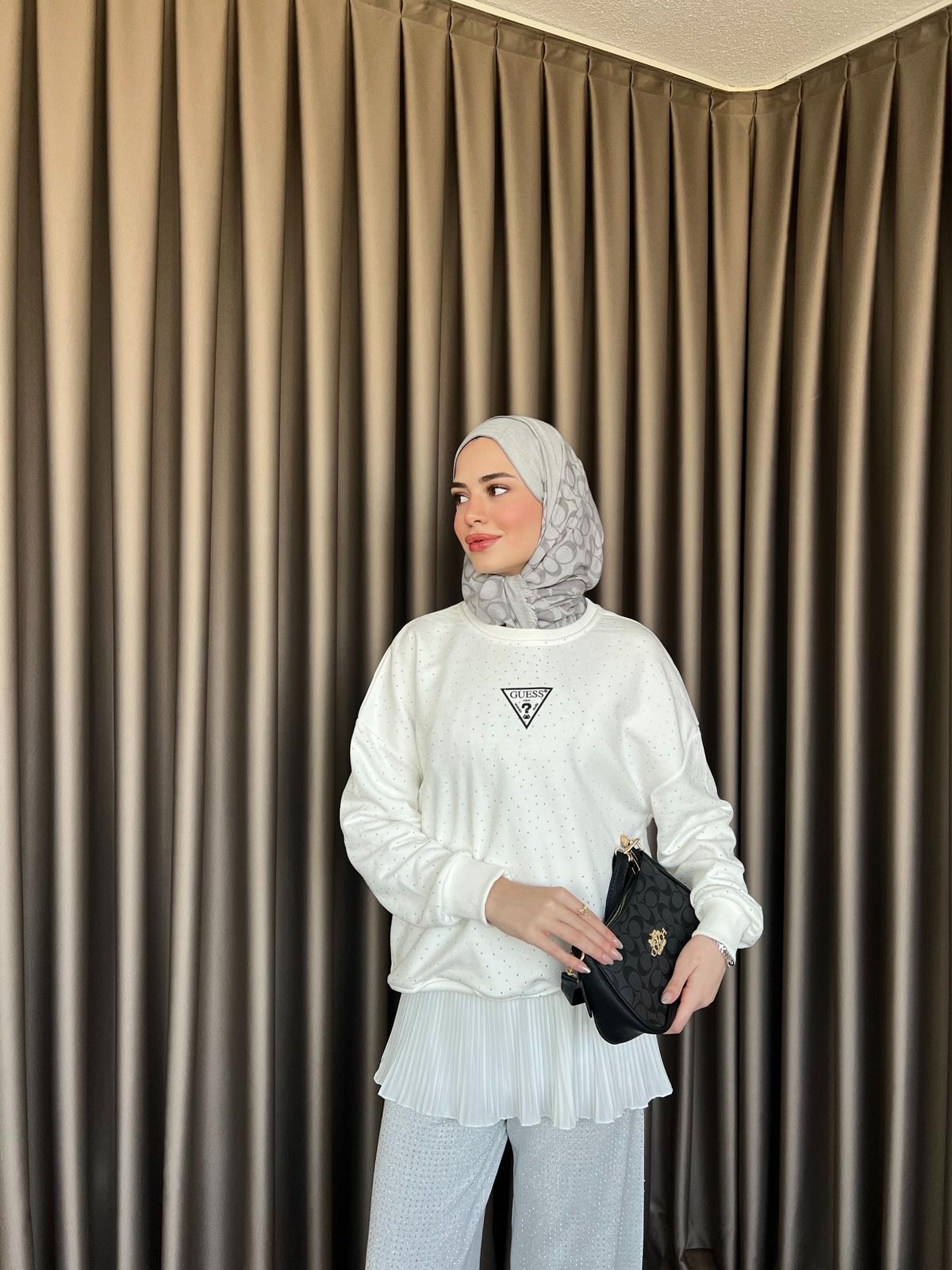 Muadil Komple Taşlı Ufak Yazılı Sweat Beyaz