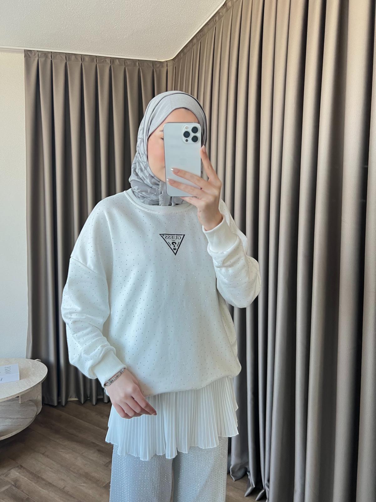 Muadil Komple Taşlı Ufak Yazılı Sweat Beyaz