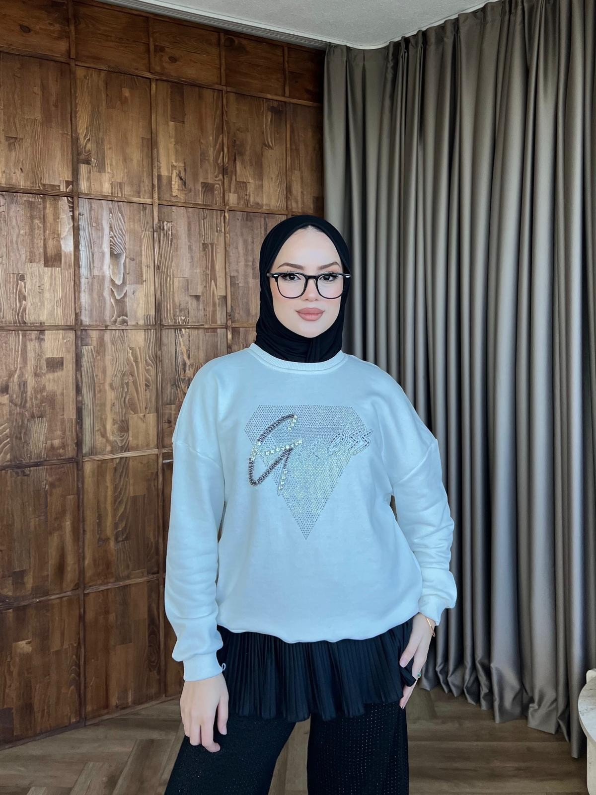 Muadil Taşlı Sweat - Beyaz