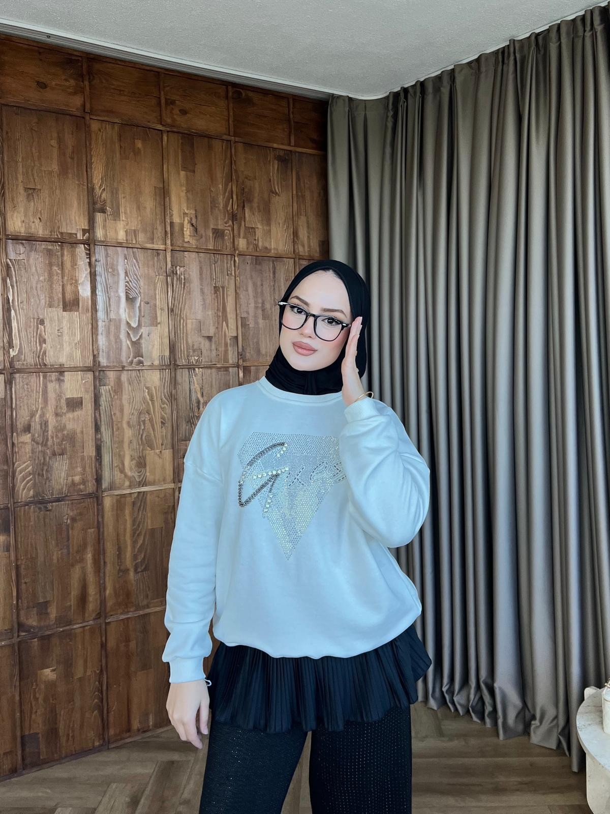 Muadil Taşlı Sweat - Beyaz