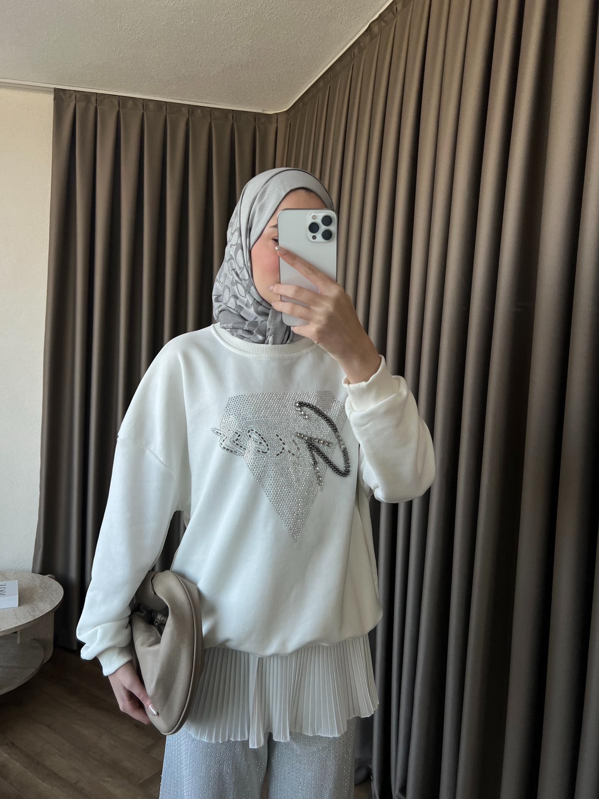 Muadil Yan Kısmı Boncuk Detaylı Sweat Beyaz