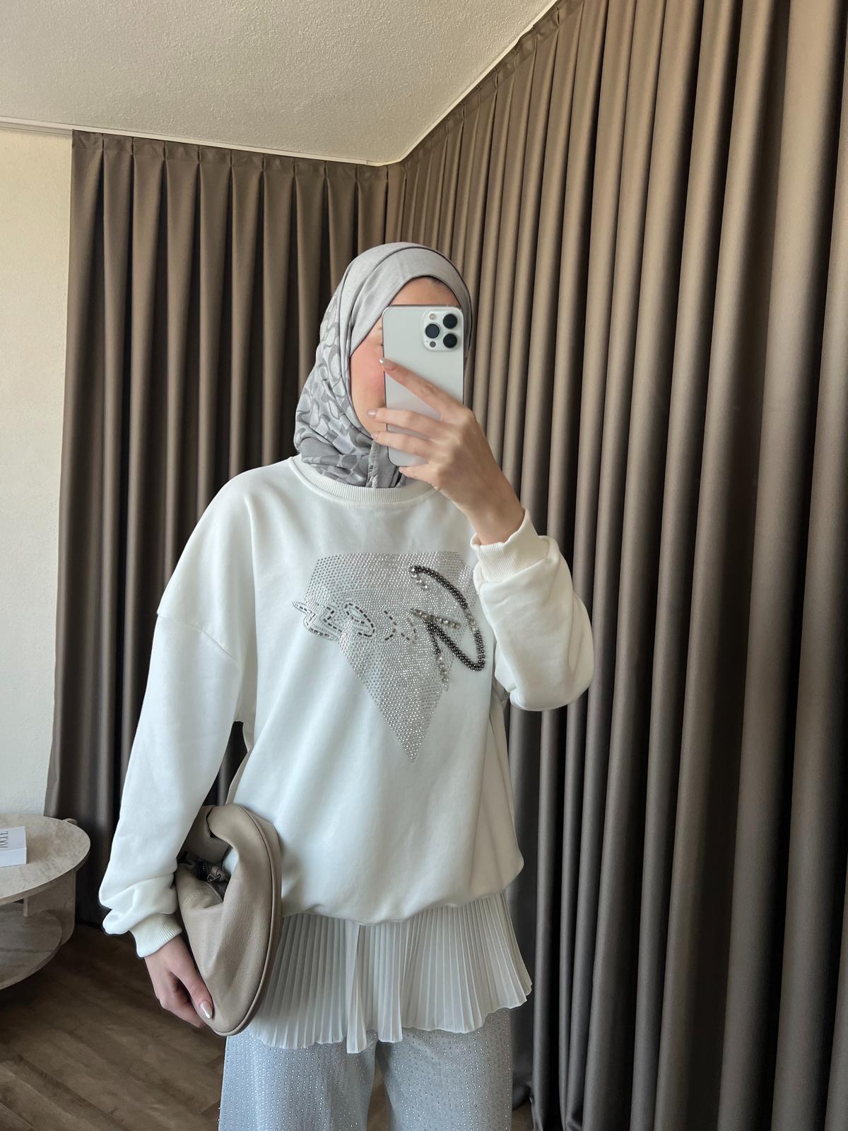 Muadil Yan Kısmı Boncuk Detaylı Sweat Beyaz