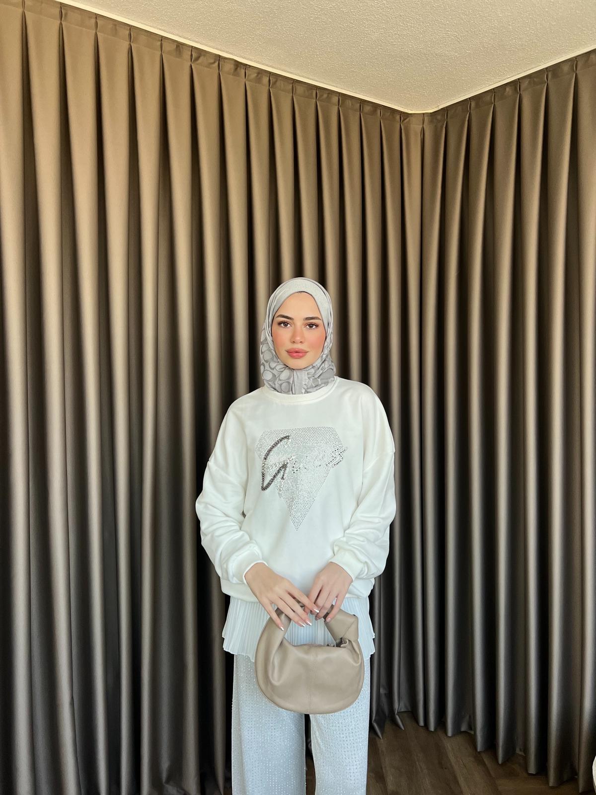 Muadil Yan Kısmı Boncuk Detaylı Sweat Beyaz