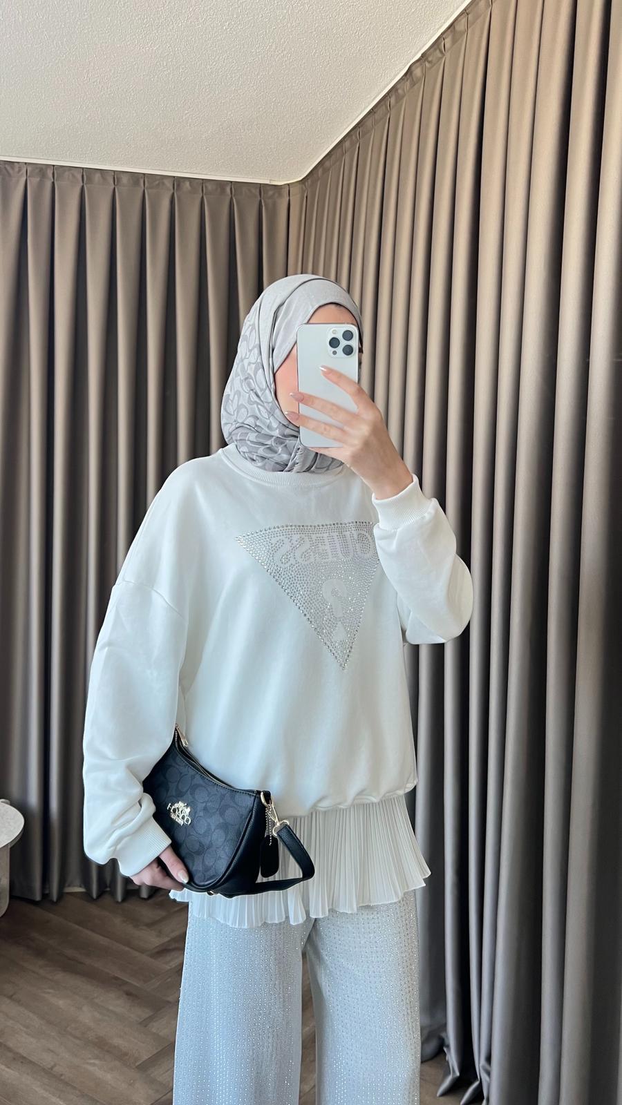 Neqa Muadil Ön ? Komple Taşlı Sweat Beyaz 