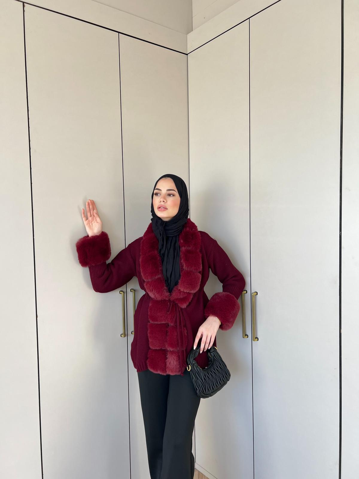 Pera Kürk Detaylı Hırka - Bordo