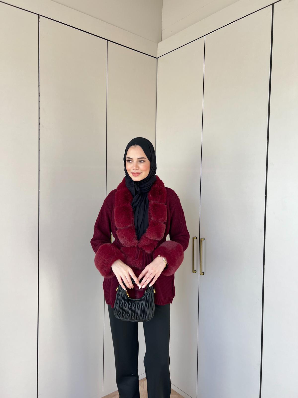 Pera Kürk Detaylı Hırka - Bordo