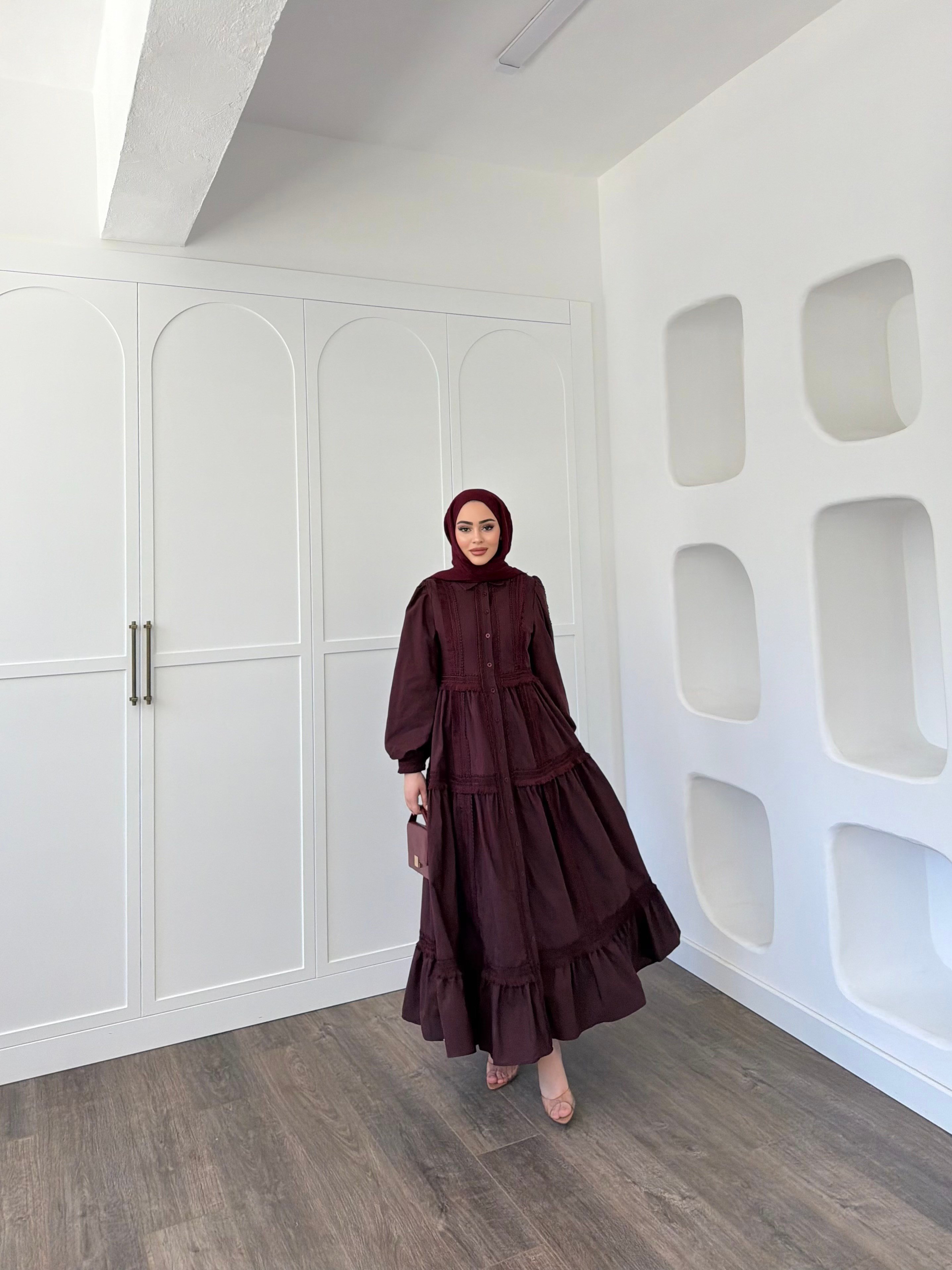 Şowme Dantelli Elbise - Bordo 
