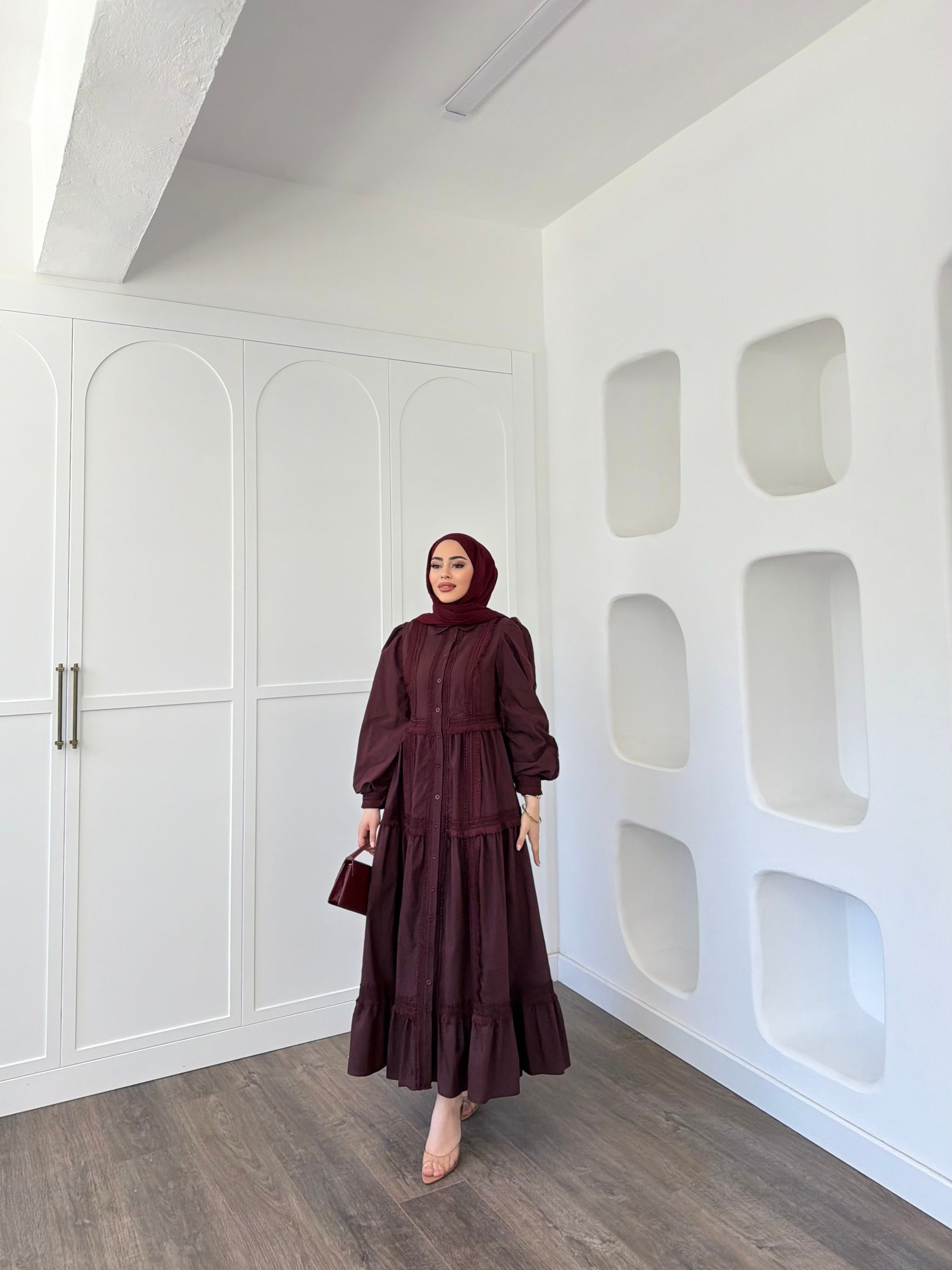 Şowme Dantelli Elbise - Bordo 