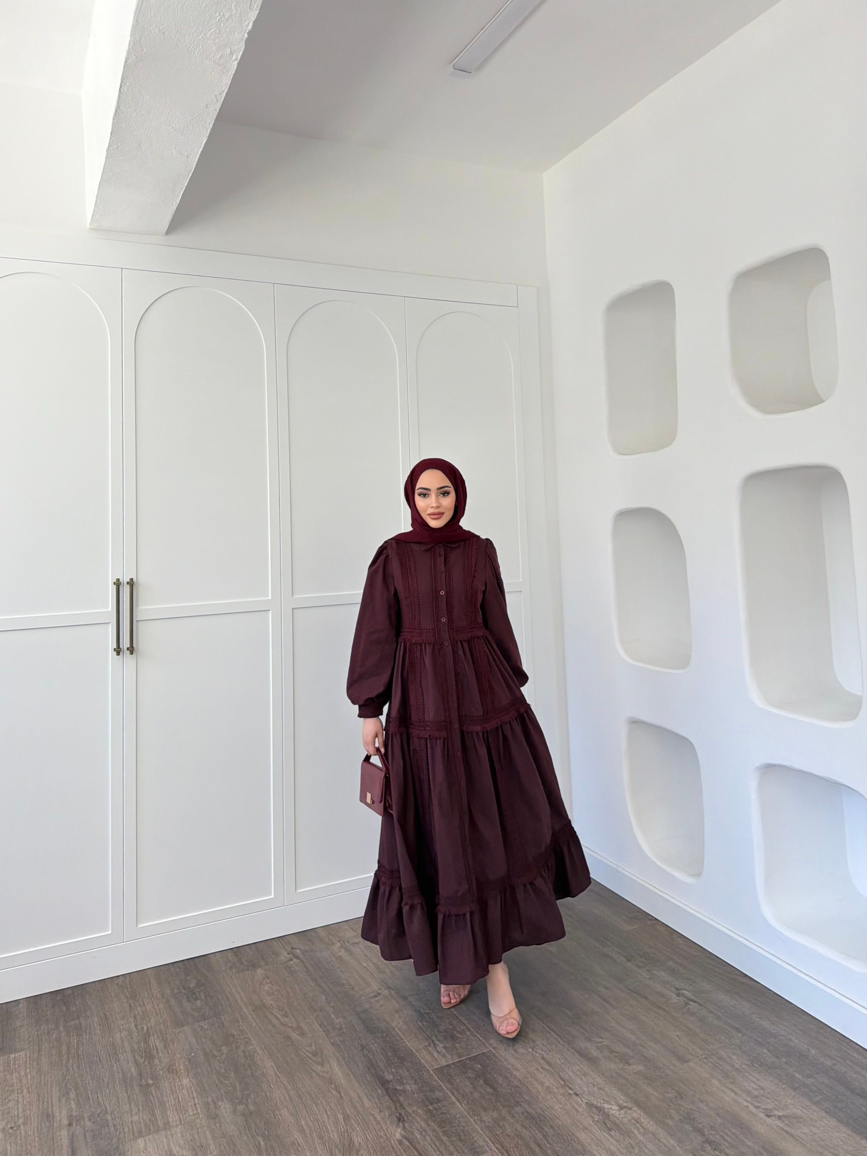 Şowme Dantelli Elbise - Bordo 