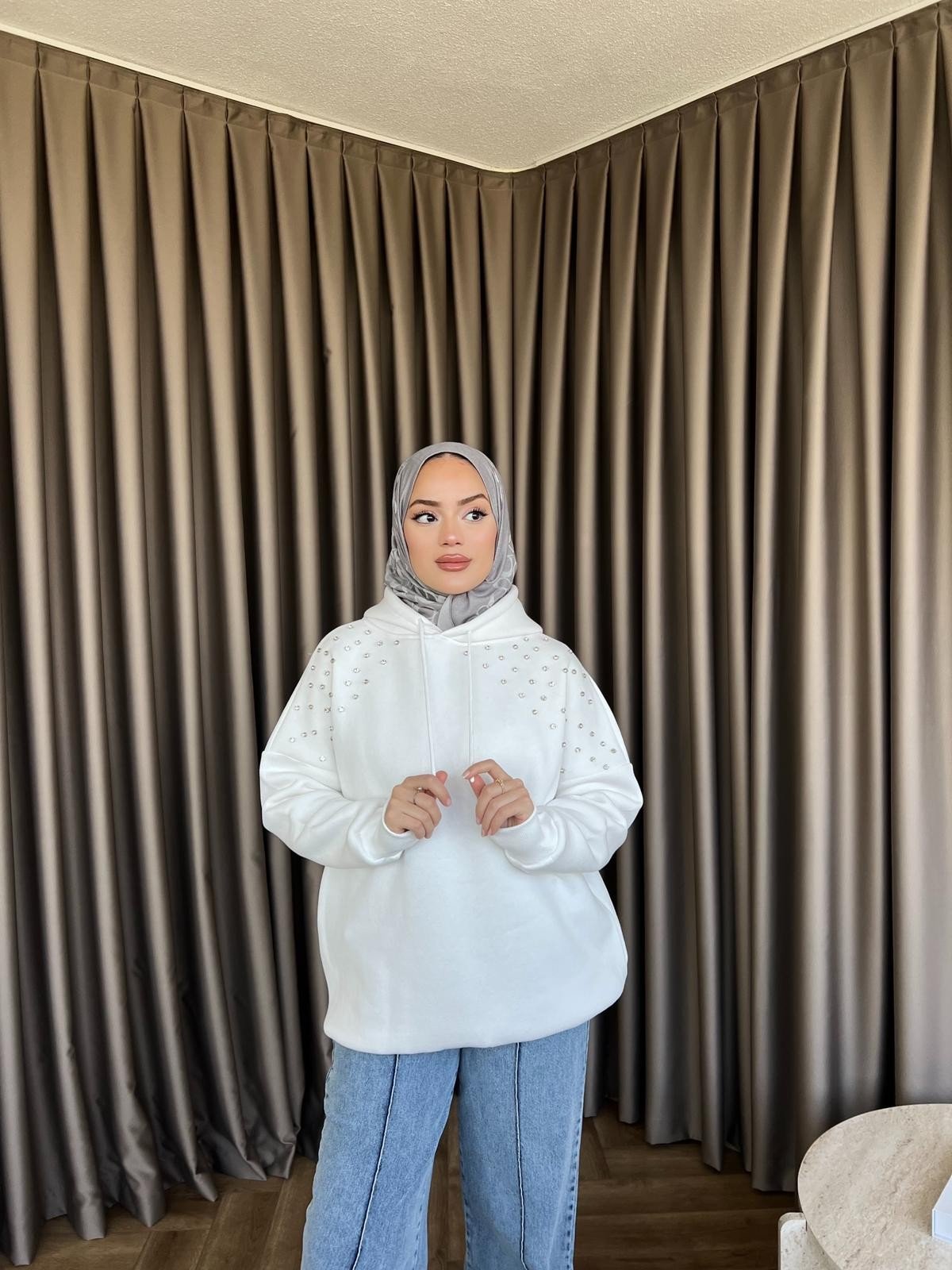 Taşlı Rümy Sweat - Beyaz