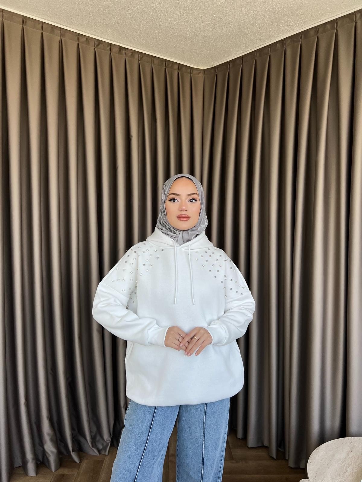 Taşlı Rümy Sweat - Beyaz