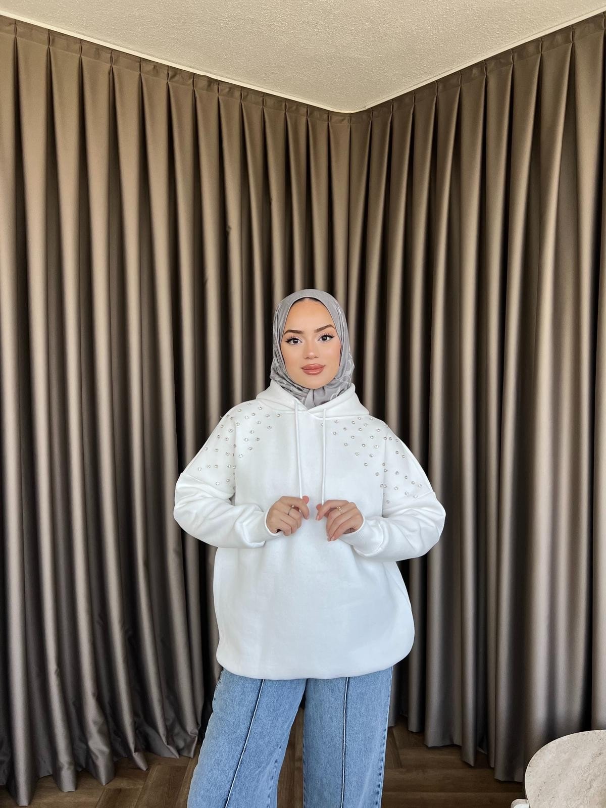 Taşlı Rümy Sweat - Beyaz