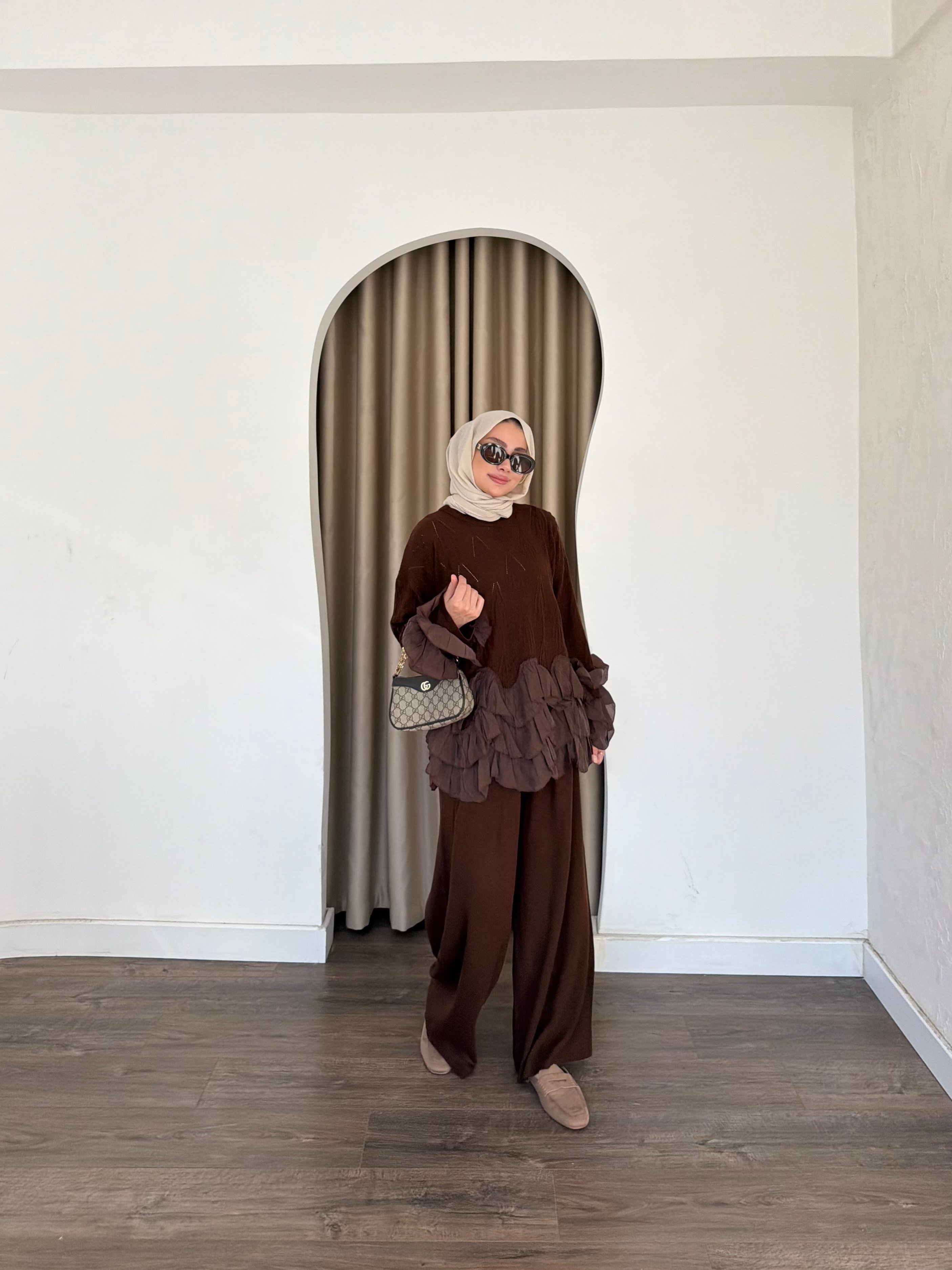 Tuna Triko Fırfır Takım - Kahve