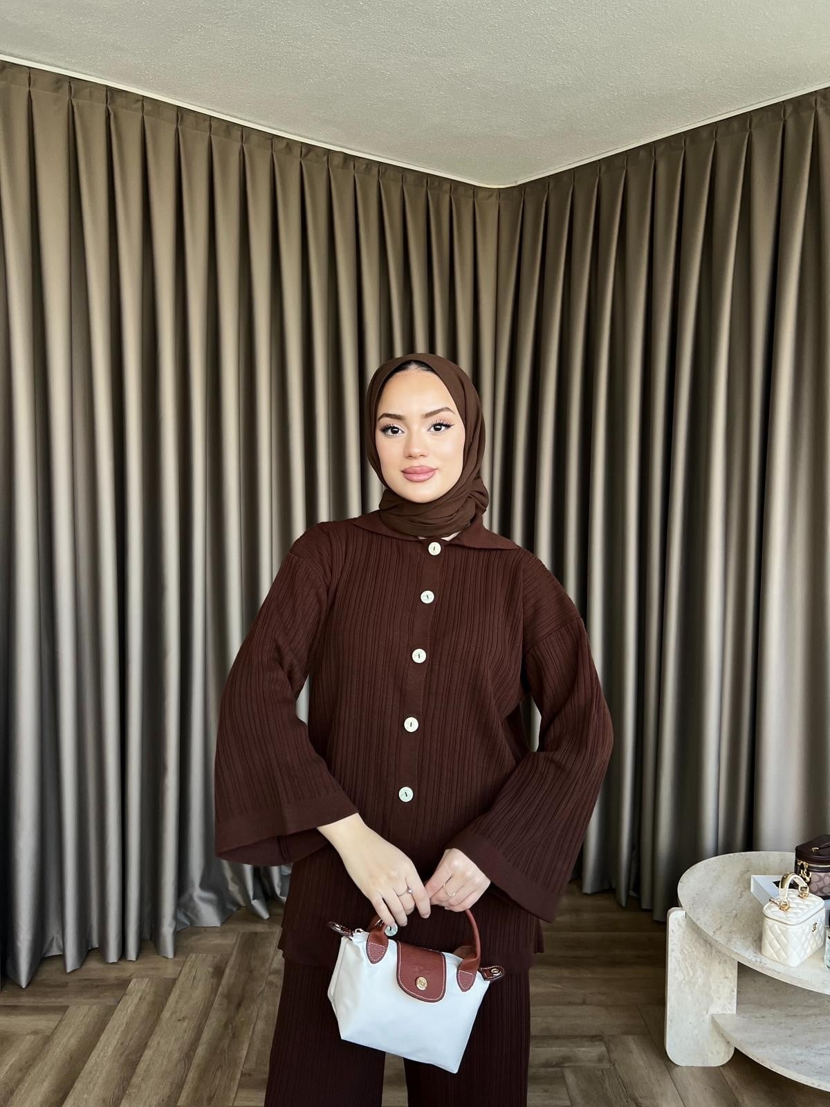 Zeyn Düğmeli Triko Takım - Kahve