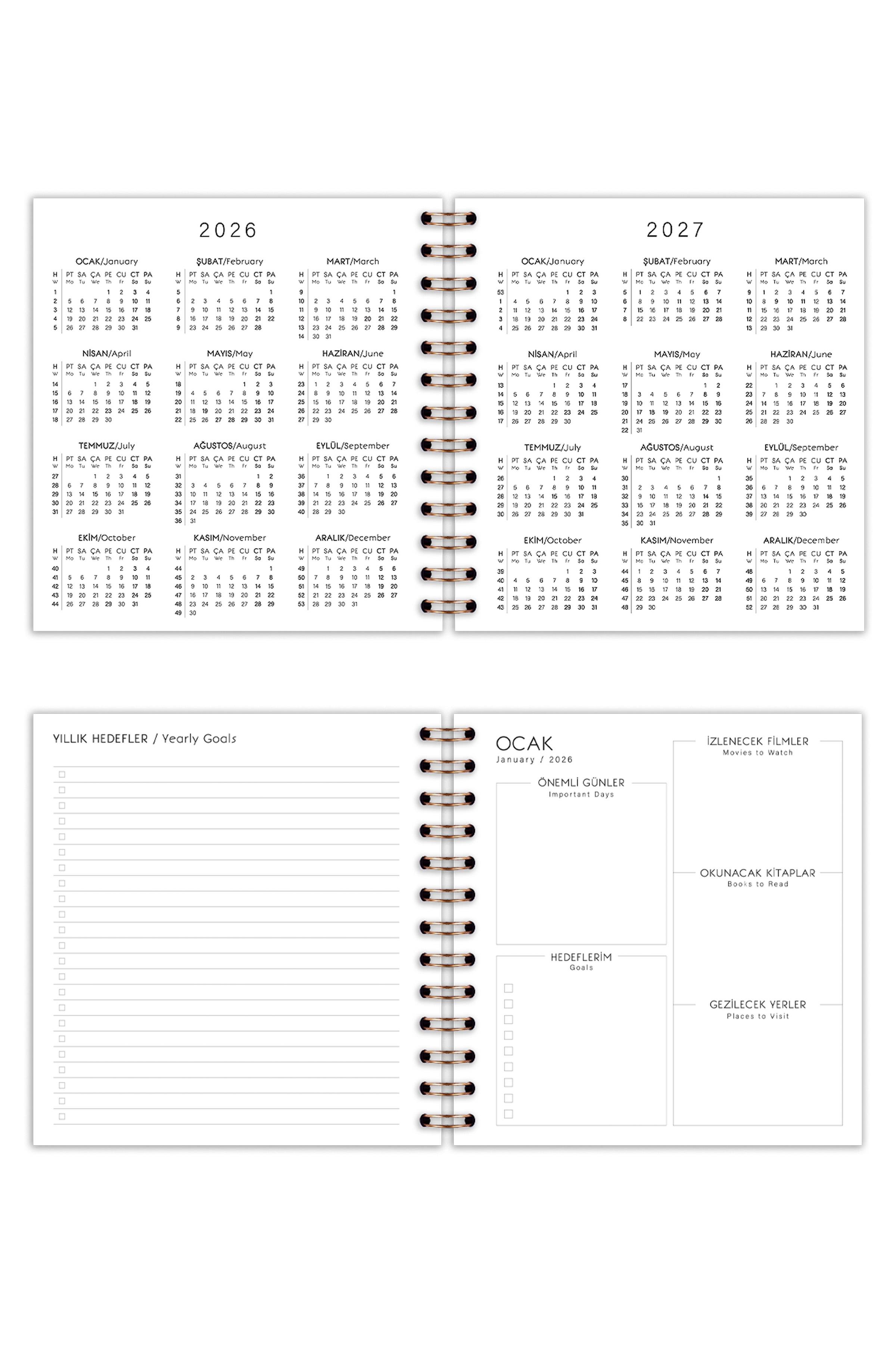 Matt Notebook 15x15 cm Kare 2'li Set Spiralli 2026 Yılı Haftalık Ajanda ve Defter Kalpler