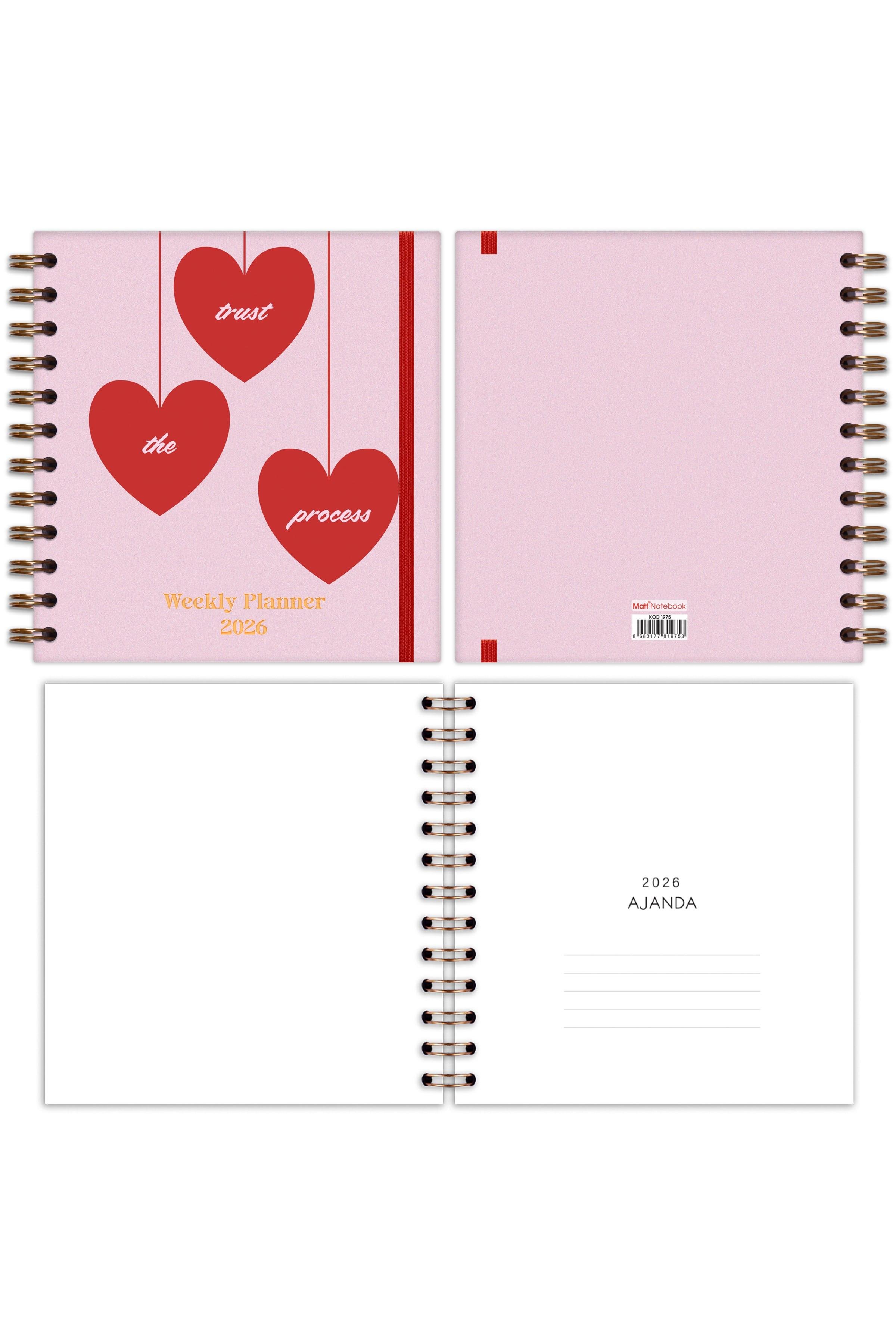 Matt Notebook 15x15 cm Kare 2'li Set Spiralli 2026 Yılı Haftalık Ajanda ve Defter Kalpler