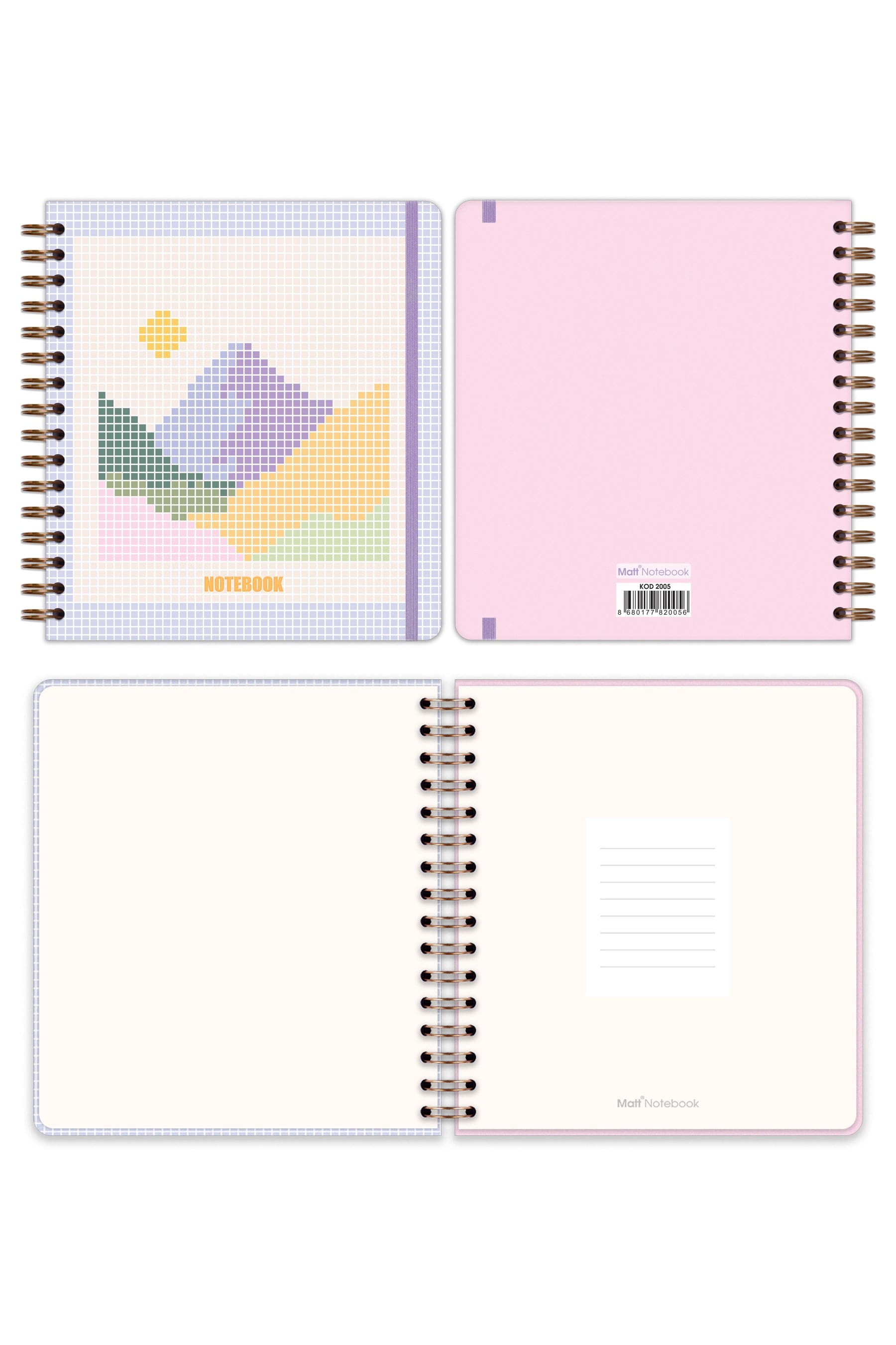 Matt Notebook 19x21 cm Kare Lastikli Spiralli Sert Kapak Not Defteri Kareli