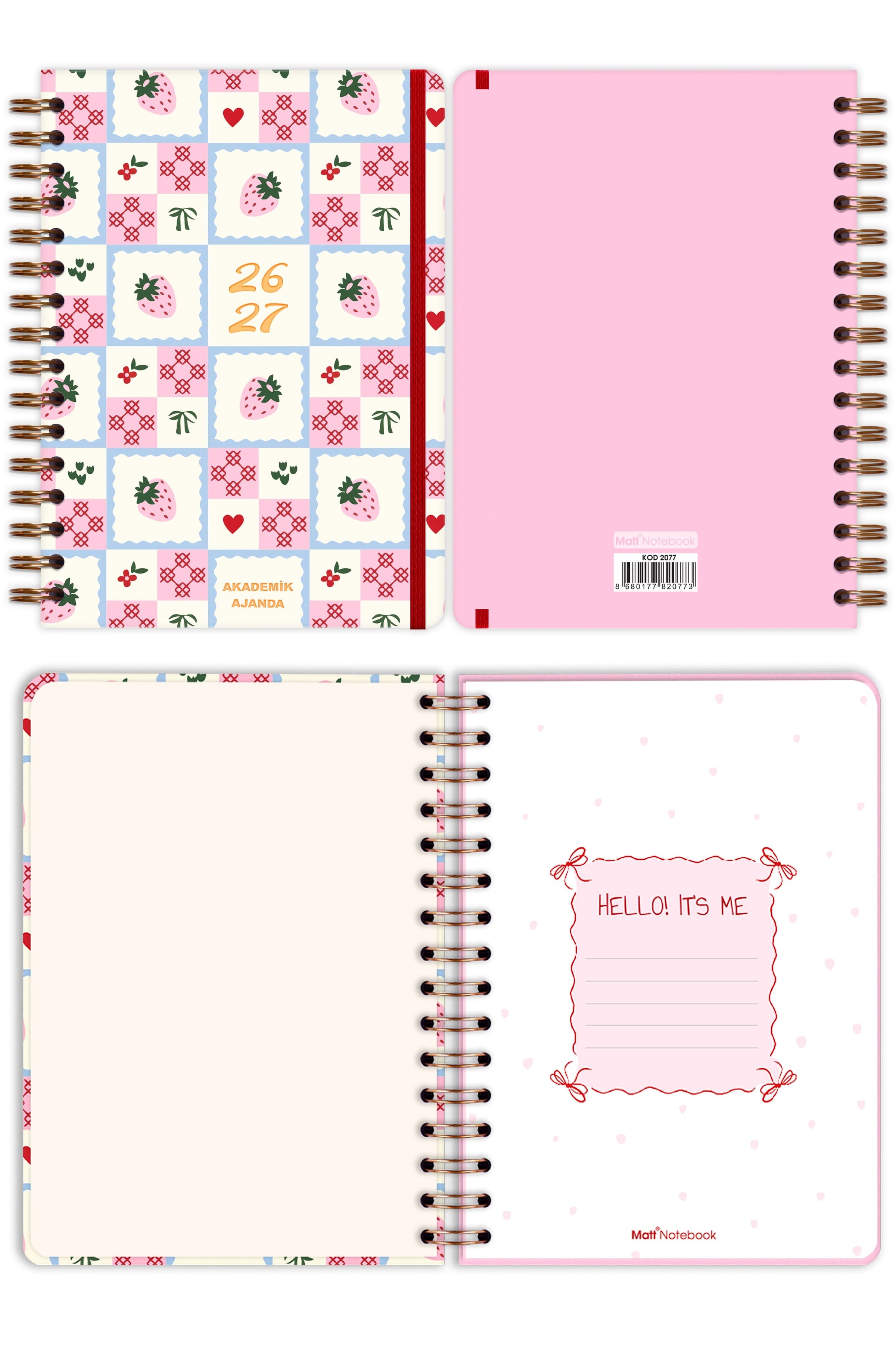 Matt Notebook 2026-2027 A5 Akademik Ajanda Spiralli 15x21 cm - 16 Aylık - Motivasyon Sayfalı Çilek
