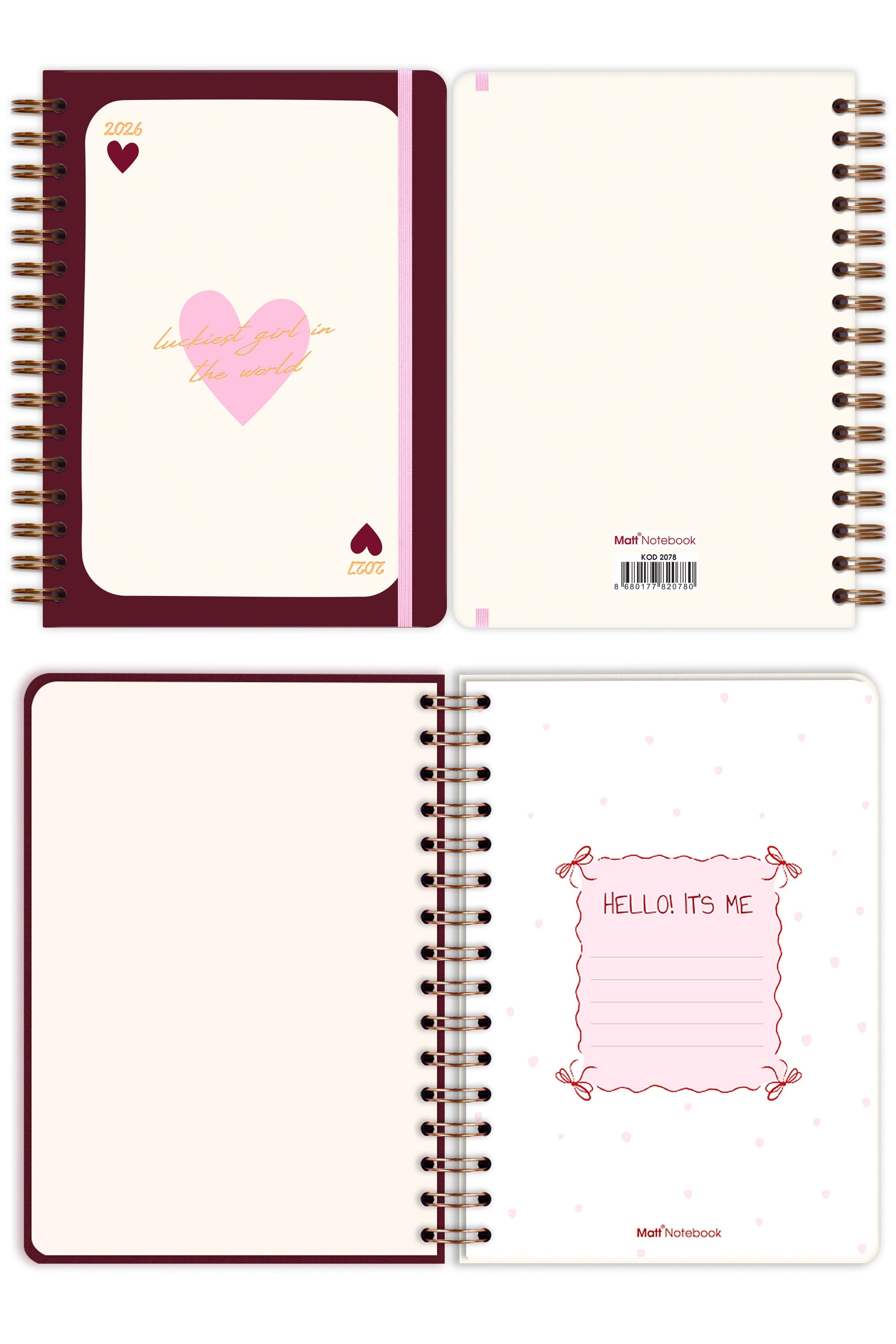 Matt Notebook 2026-2027 A5 Akademik Ajanda Spiralli 15x21 cm - 16 Aylık - Motivasyon Sayfalı Kalp