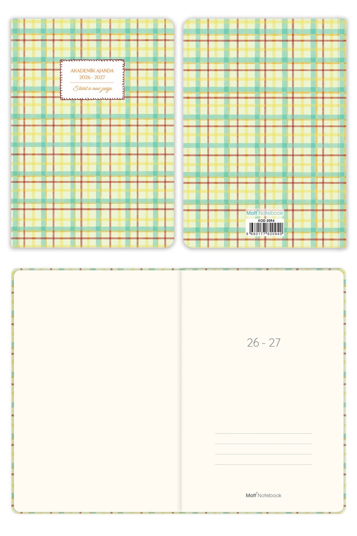 Matt Notebook 2026-2027 A5 Akademik Ajanda 15x21 cm - 17 Aylık Ekose