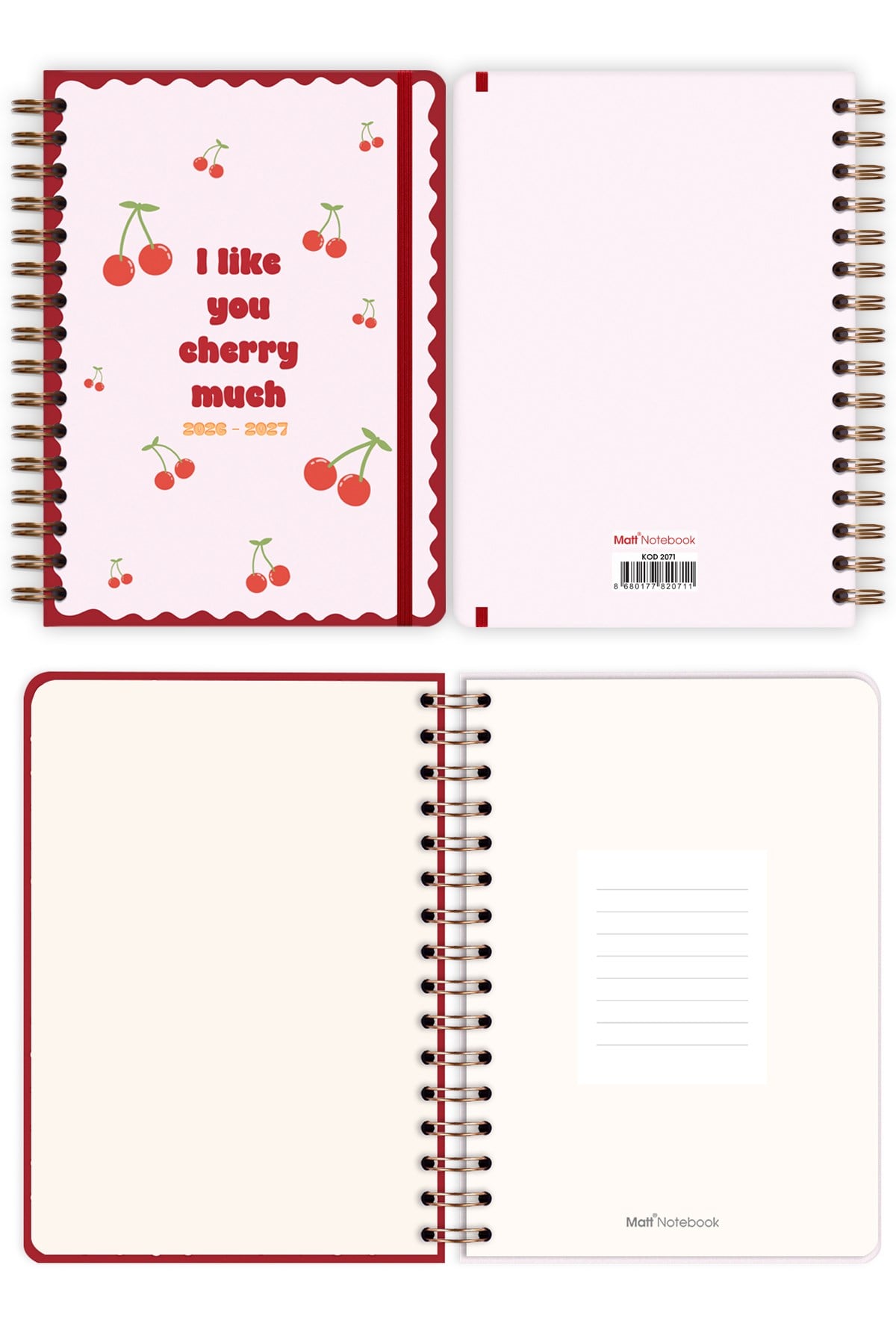 Matt Notebook 2026-2027 A5 Akademik Ajanda Spiralli 15x21 cm - 17 Aylık Kiraz