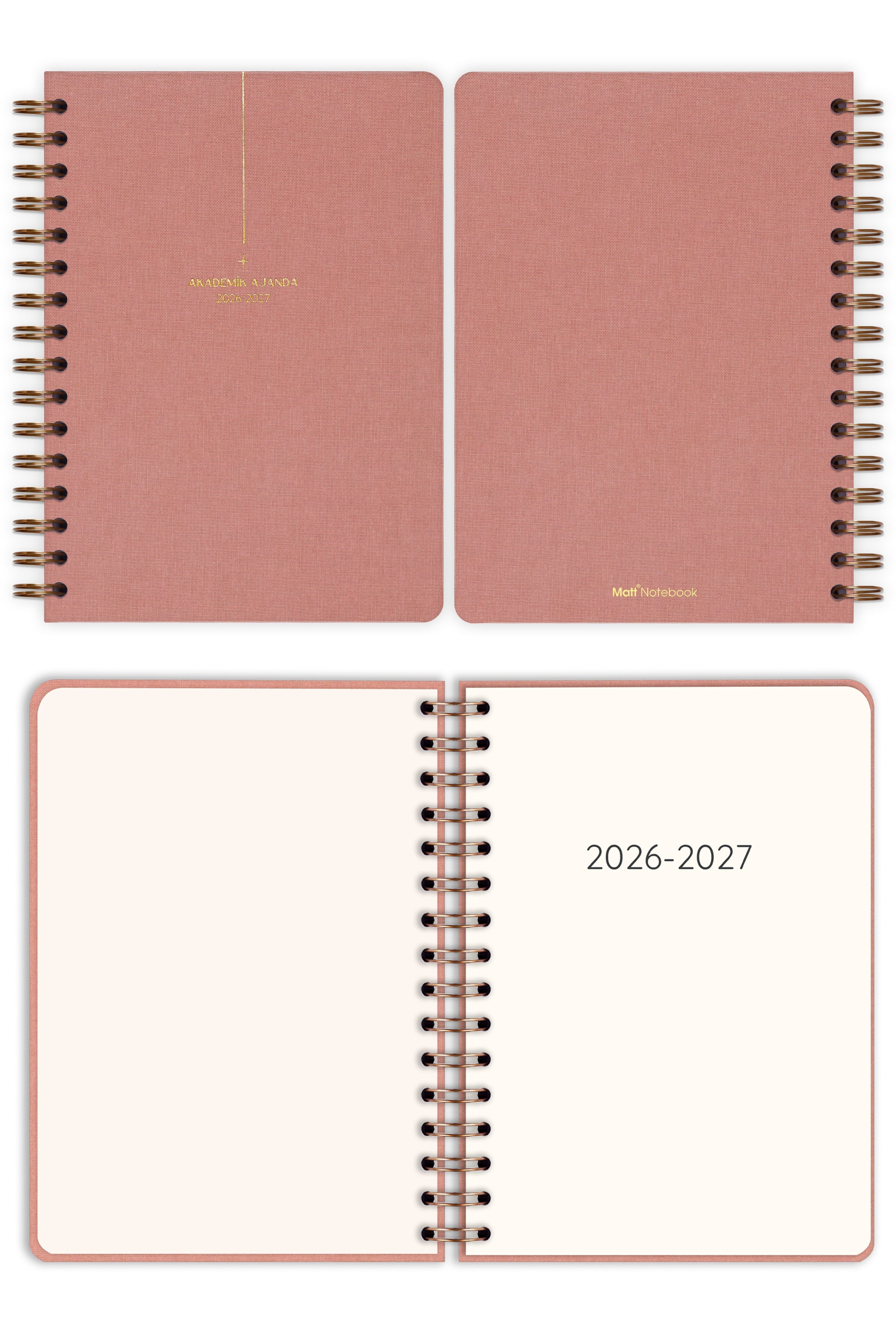 Matt Notebook 2026-2027 A5 Keten Akademik Ajanda Spiralli 15x21 cm - 17 Aylık Pembe
