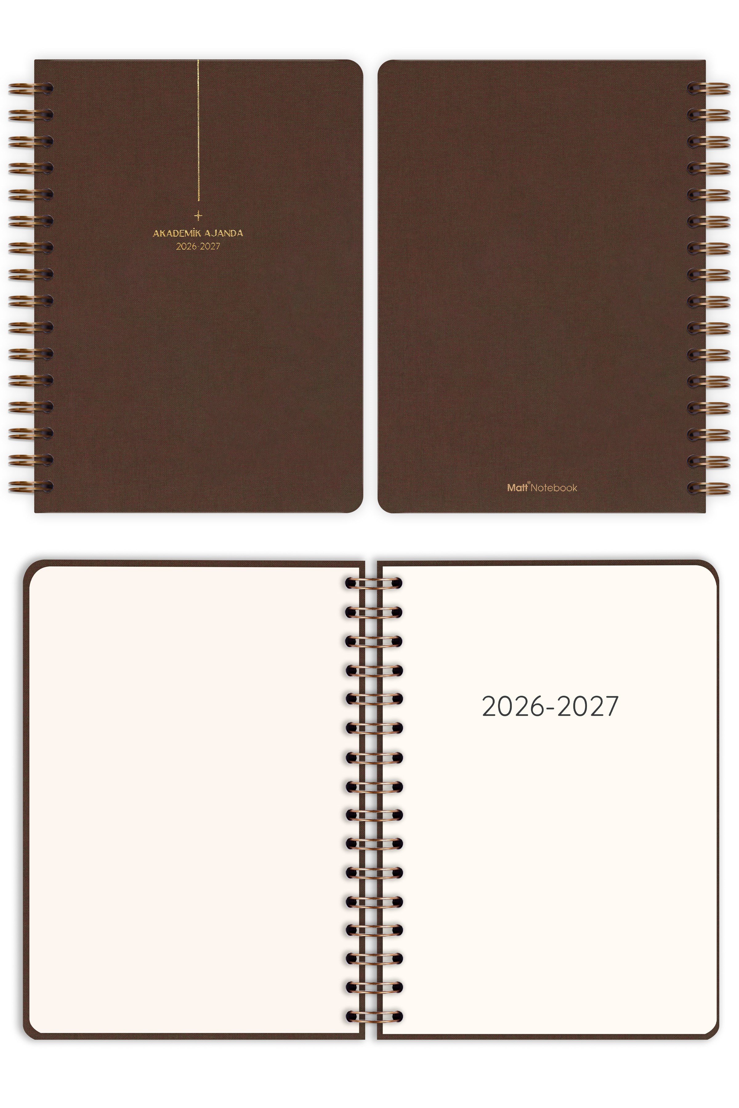 Matt Notebook 2026-2027 A5 Keten Akademik Ajanda Spiralli 15x21 cm - 17 Aylık Kahverengi