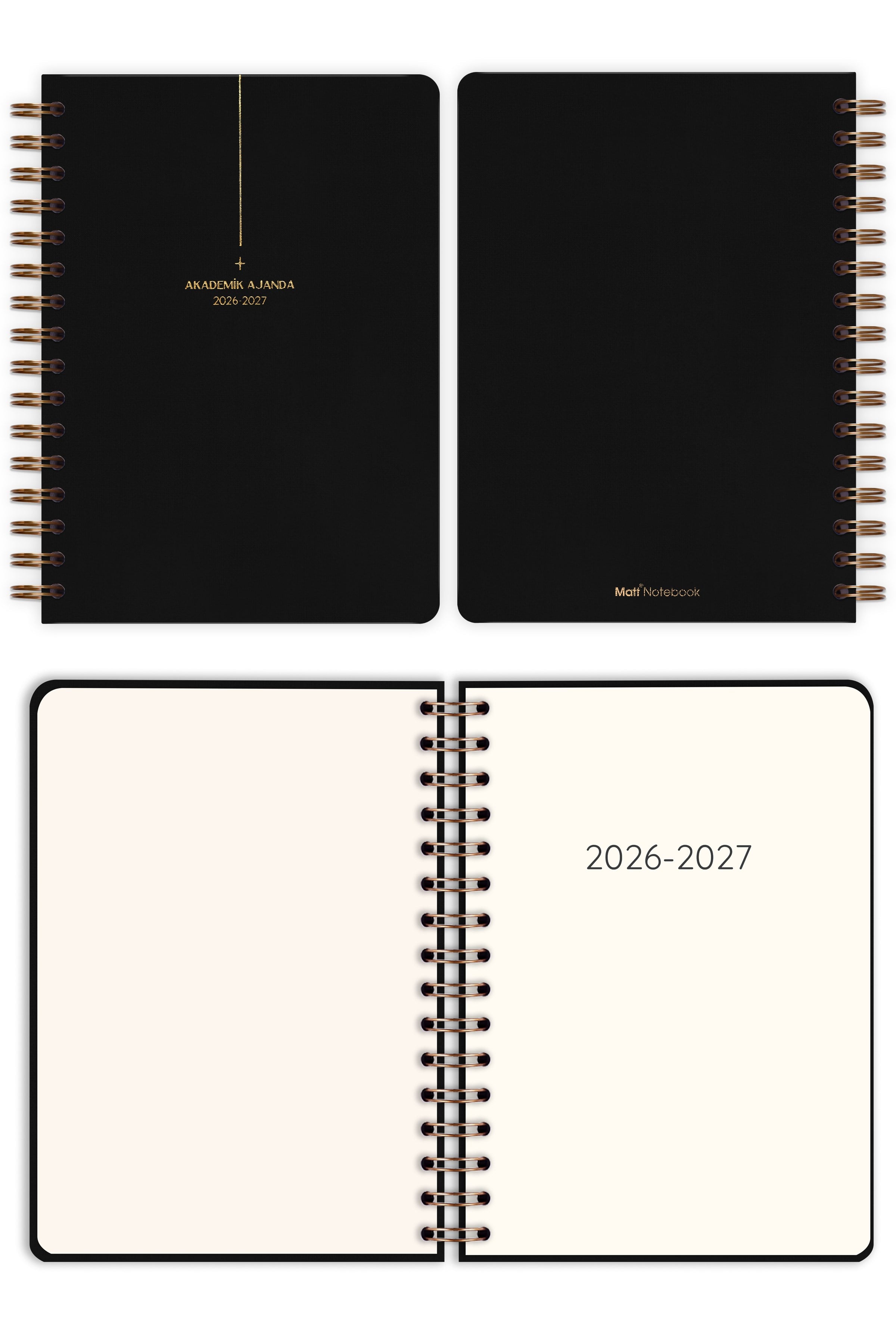 Matt Notebook 2026-2027 A5 Keten Akademik Ajanda Spiralli 15x21 cm - 17 Aylık Siyah