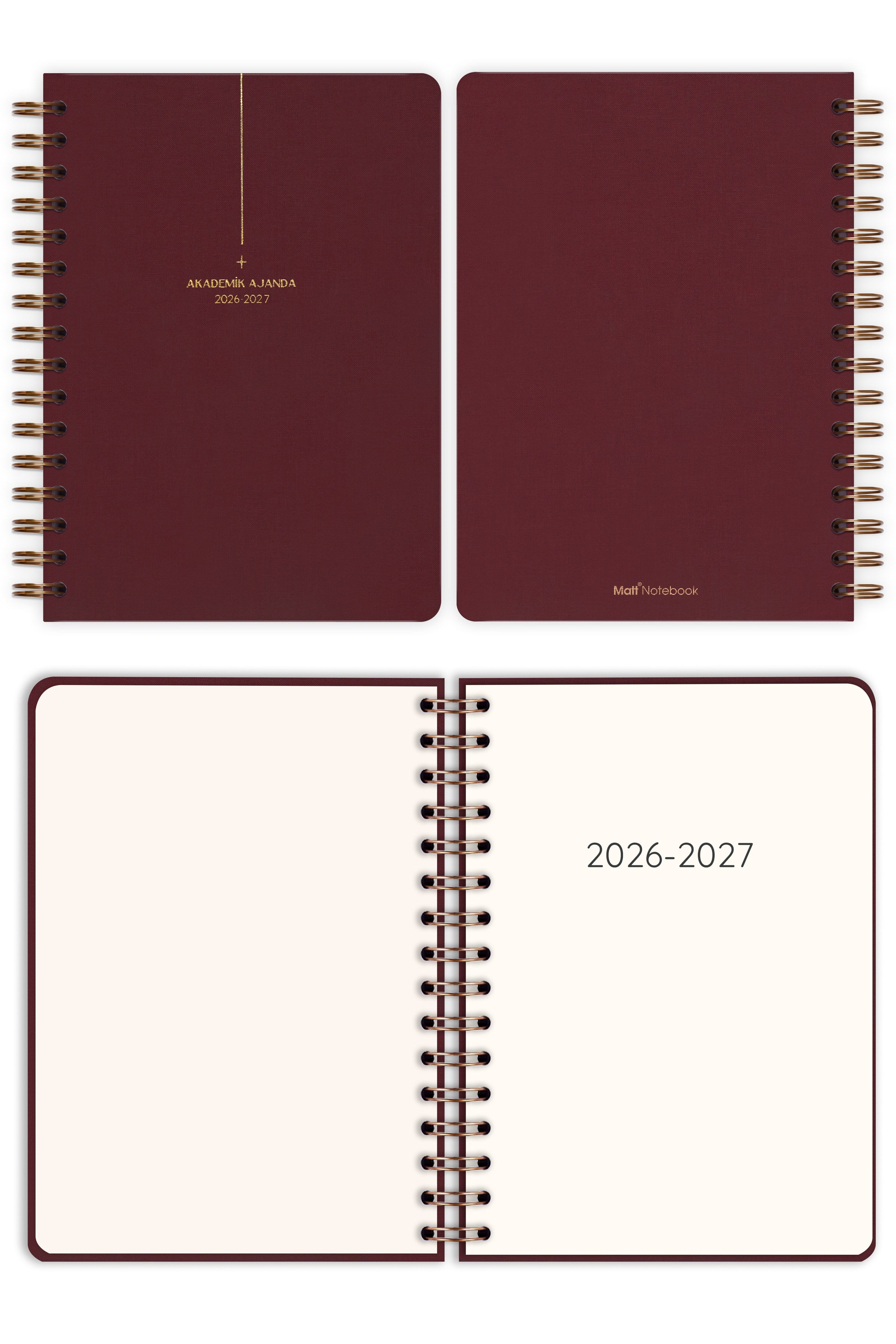 Matt Notebook 2026-2027 A5 Keten Akademik Ajanda Spiralli 15x21 cm - 17 Aylık Bordo
