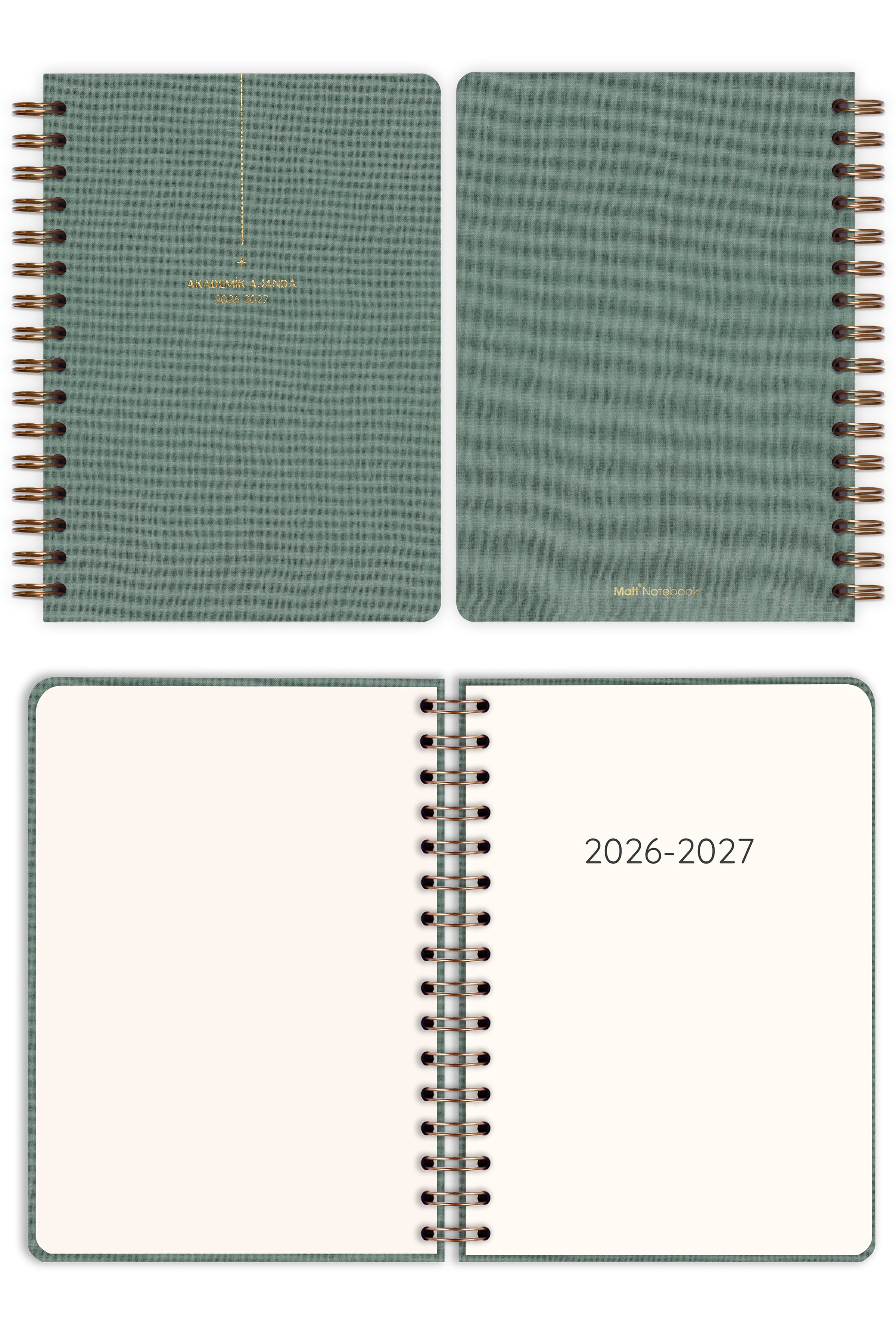 Matt Notebook 2026-2027 A5 Keten Akademik Ajanda Spiralli 15x21 cm - 17 Aylık Yeşil