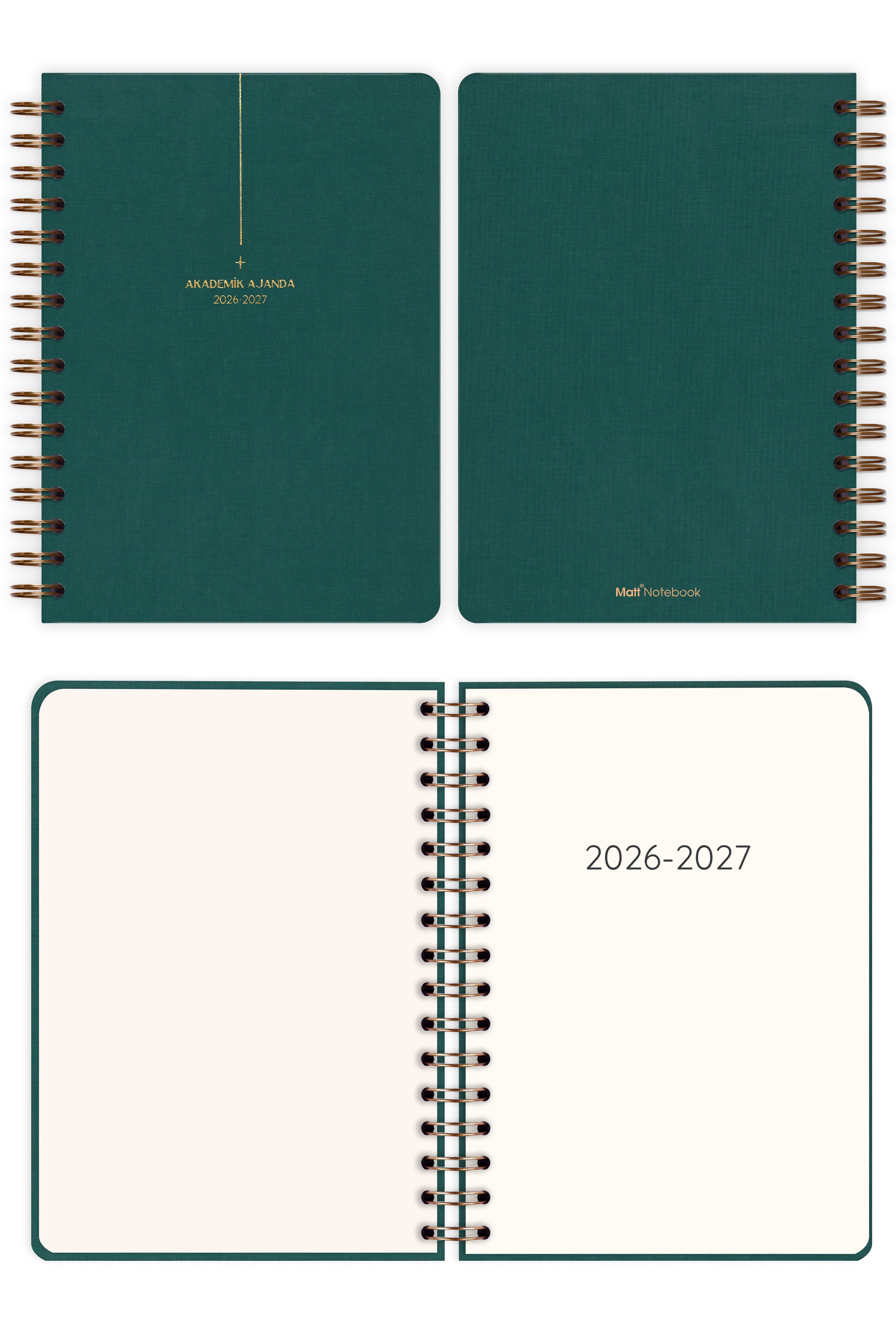 Matt Notebook 2026-2027 A5 Keten Akademik Ajanda Spiralli 15x21 cm - 17 Aylık Koyu Yeşil