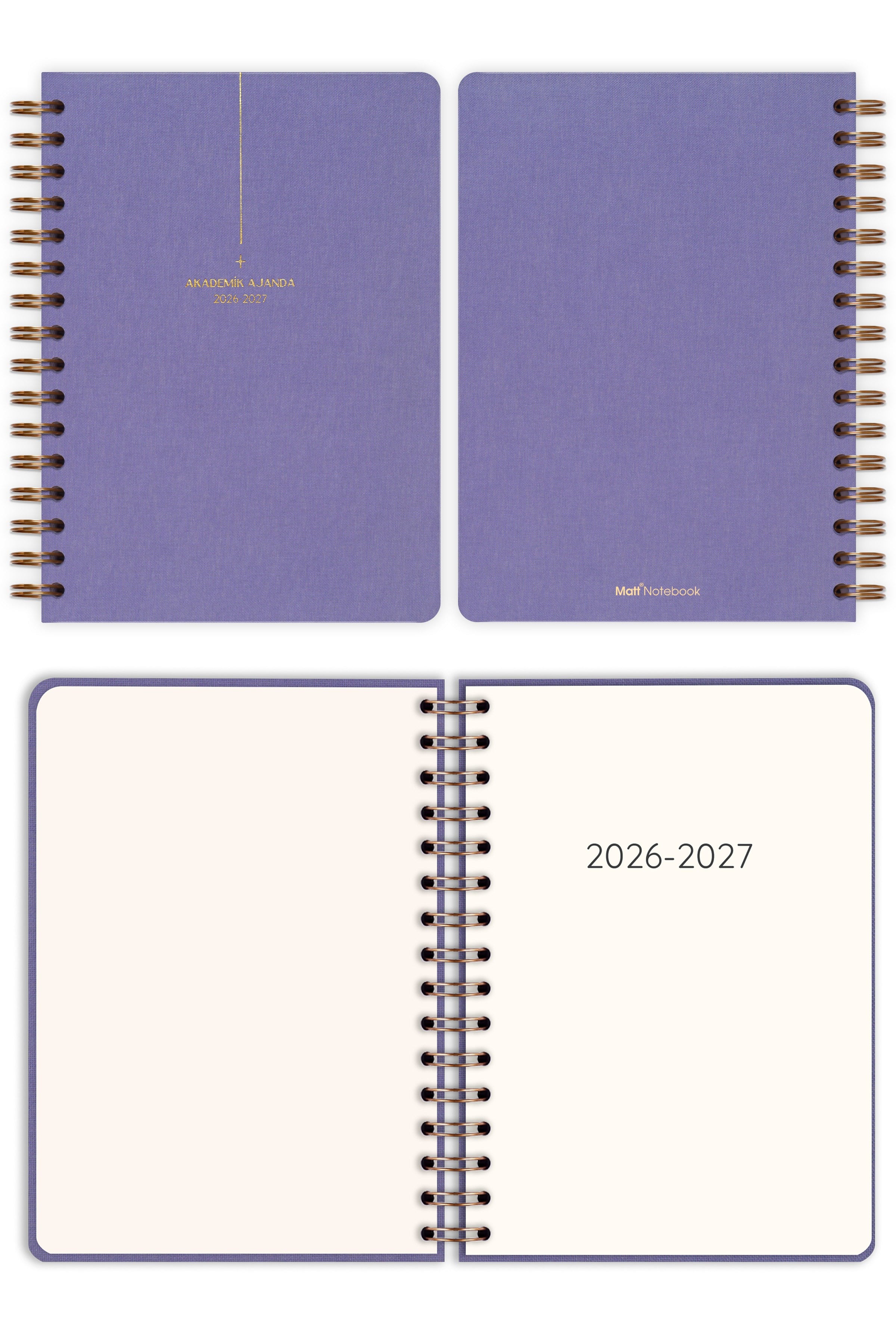 Matt Notebook 2026-2027 A5 Keten Akademik Ajanda Spiralli 15x21 cm - 17 Aylık Lila