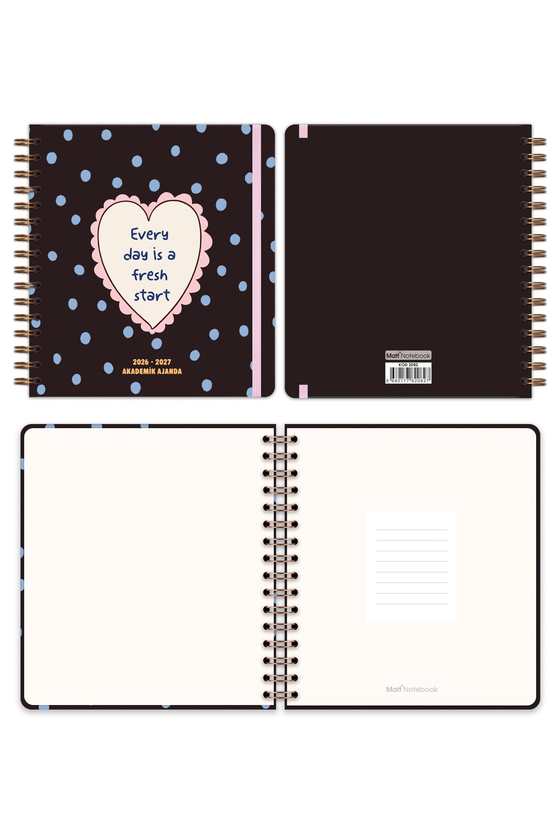 Matt Notebook 2026-2027 Akademik Kare Ajanda Spiralli - 17 Aylık Kalp