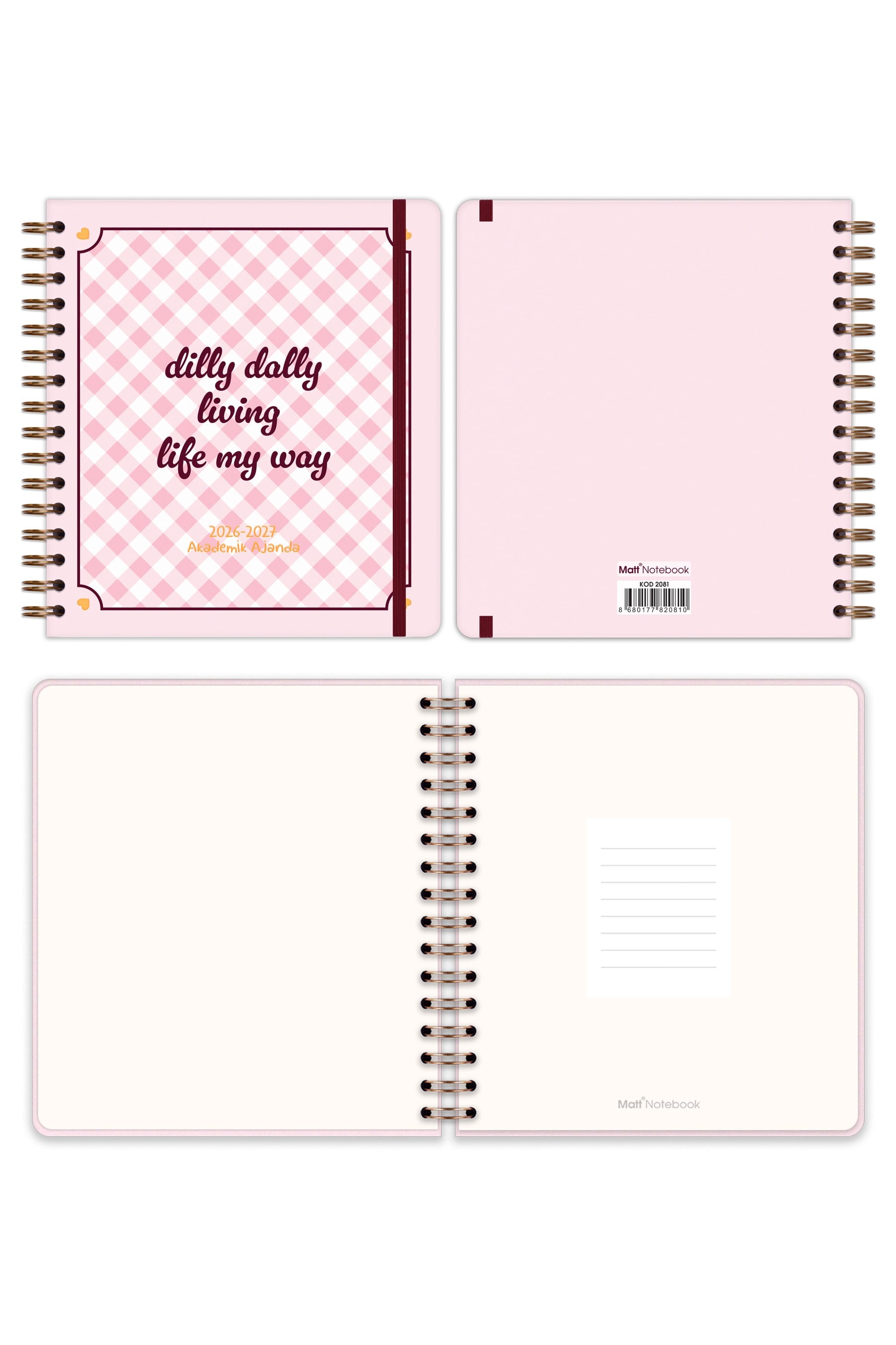 Matt Notebook 2026-2027 Akademik Kare Ajanda Spiralli - 17 Aylık Ekose