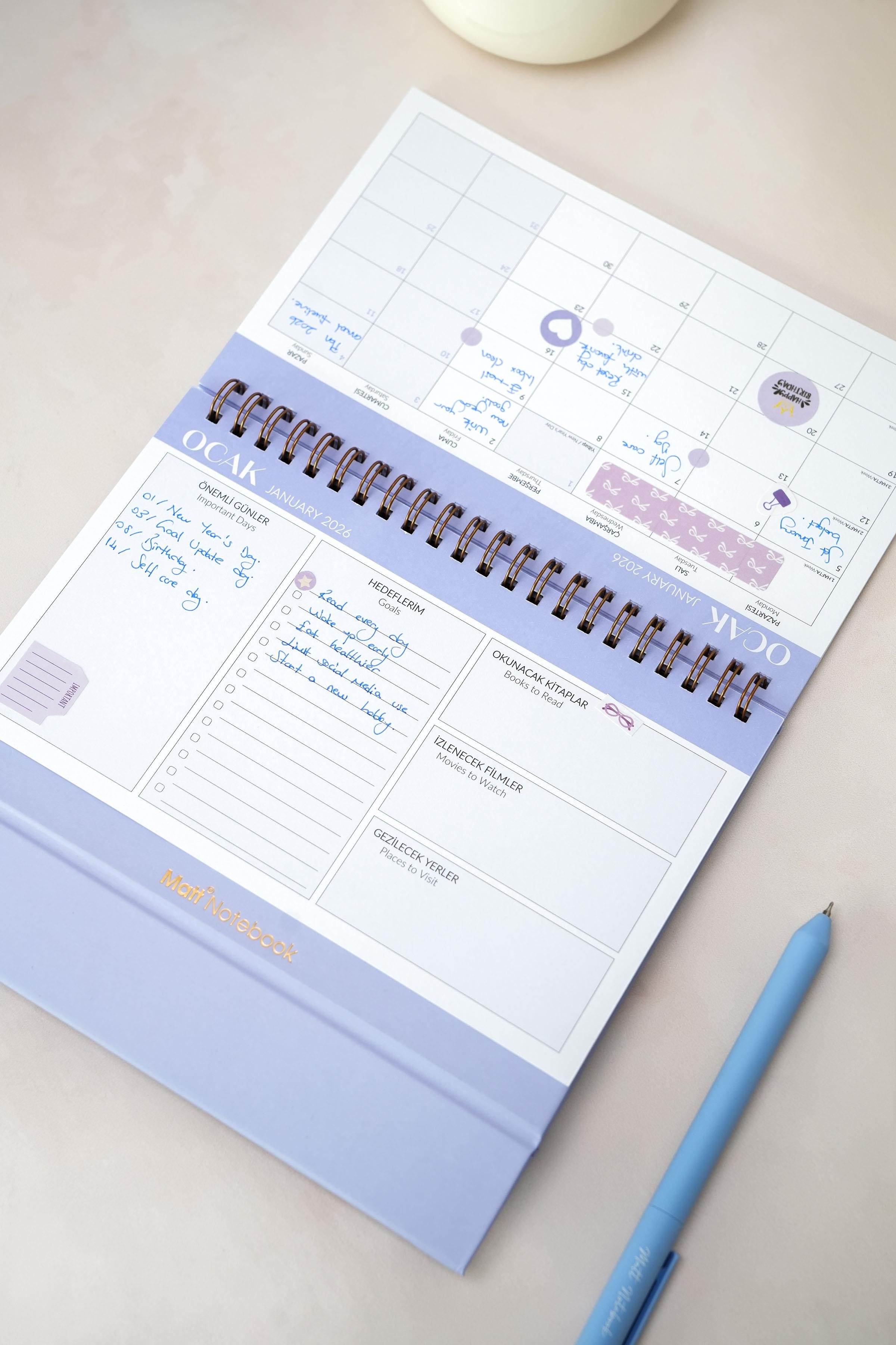 Matt Notebook 2026 Masaüstü Planlayıcı Takvim Lila
