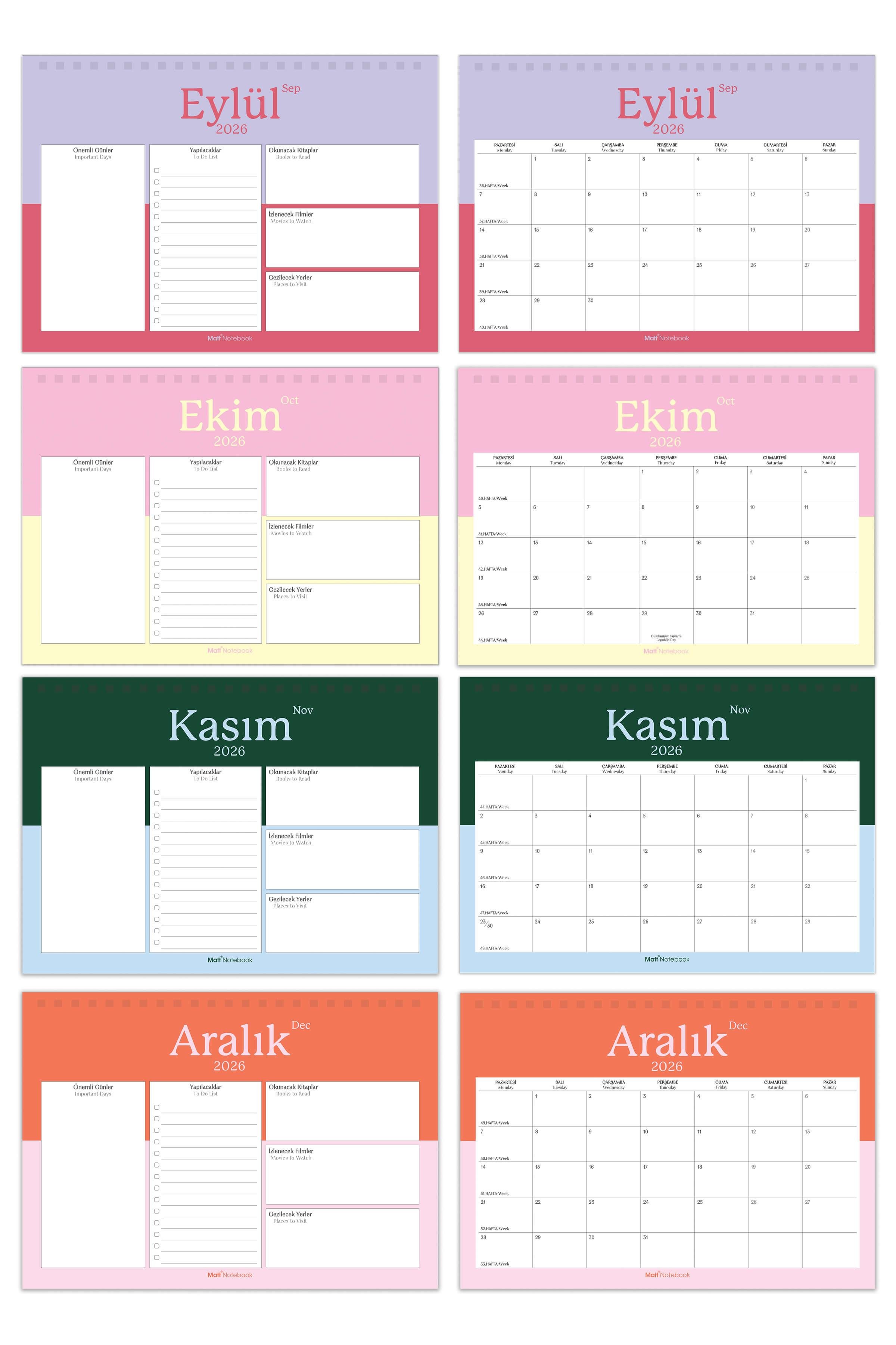 Matt Notebook 2026 Masaüstü Planlayıcı Takvim