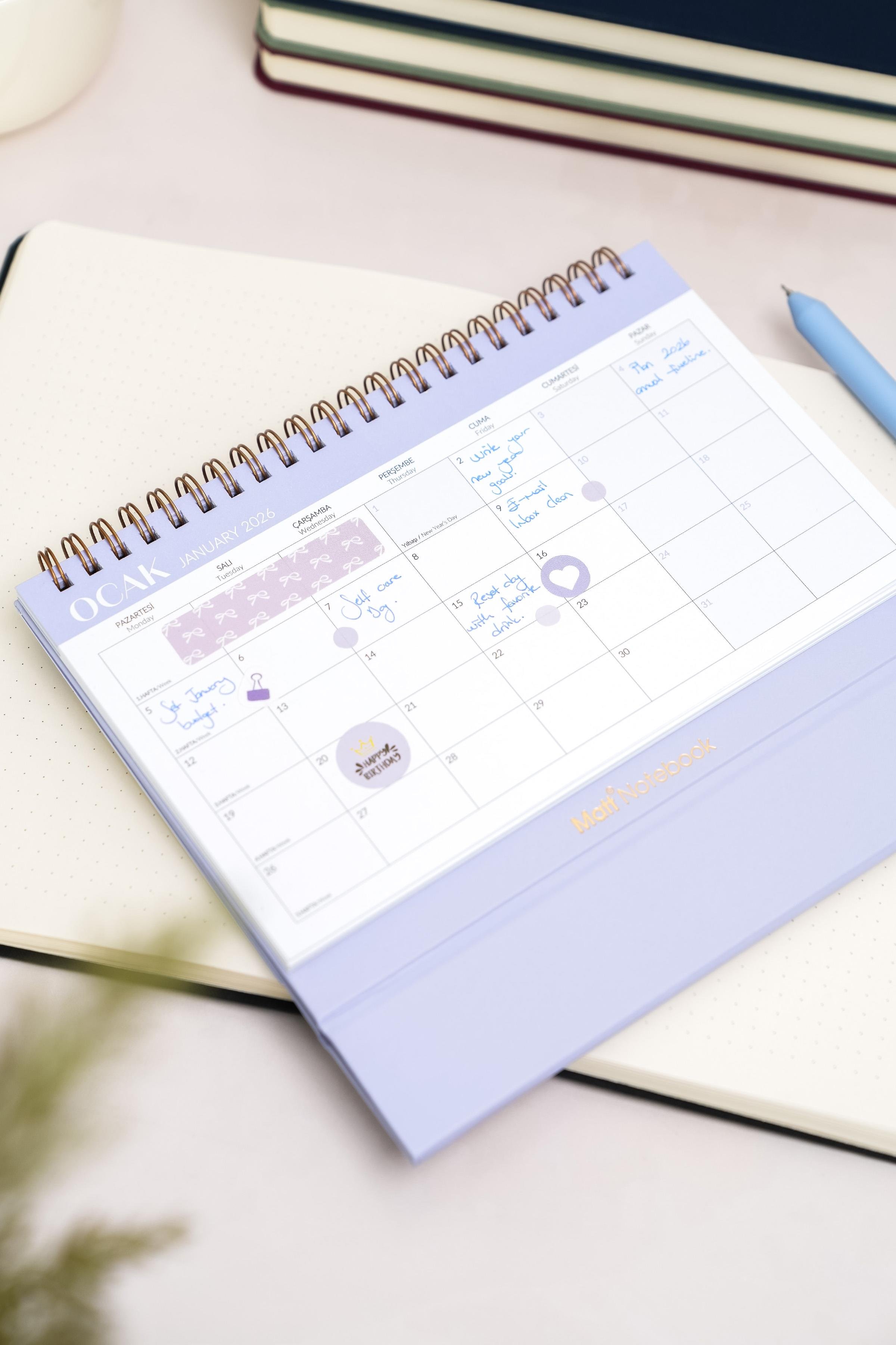 Matt Notebook 2026 Masaüstü Planlayıcı Takvim Lila