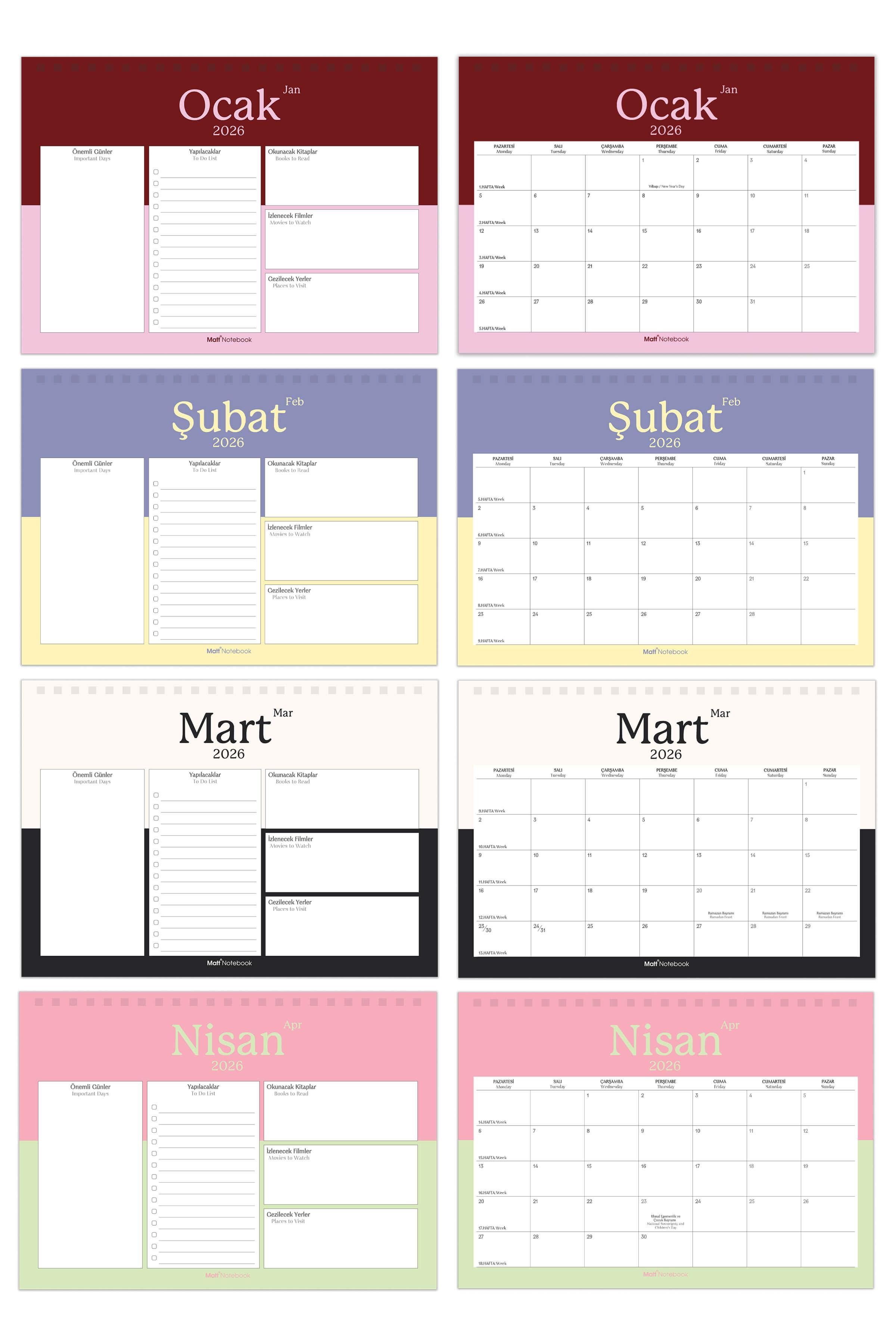 Matt Notebook 2026 Masaüstü Planlayıcı Takvim